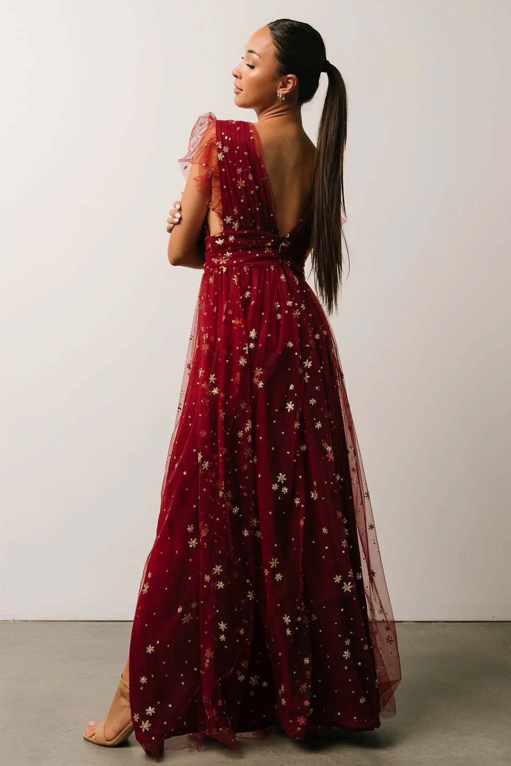 Nova Shimmer Maxi Dress | Wine + Gold