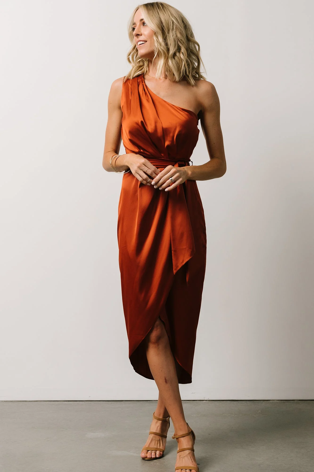 Celia One Shoulder Midi Dress | Rust