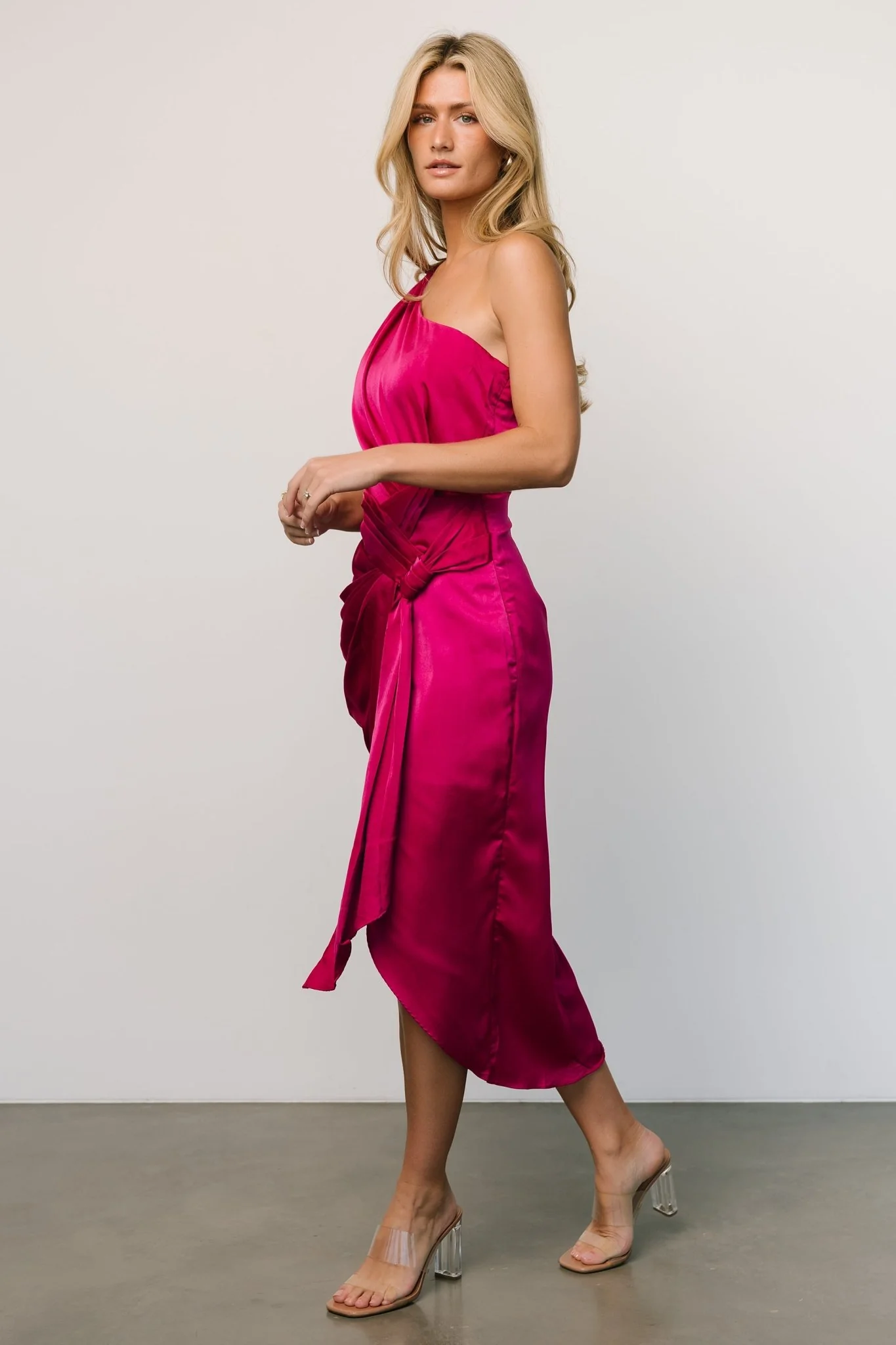 Melissa One Shoulder Midi Dress | Fuchsia