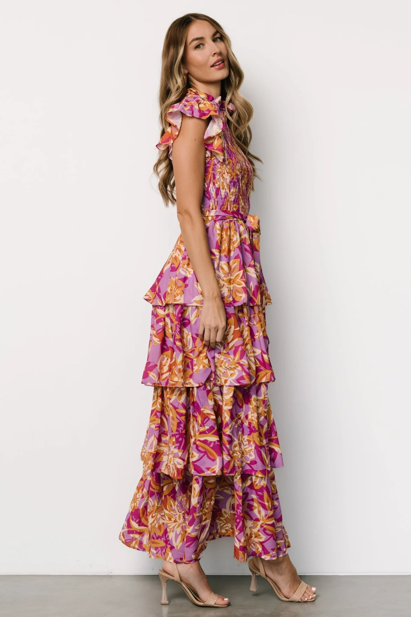 Mya Smocked Maxi Dress | Orchid + Gold Print