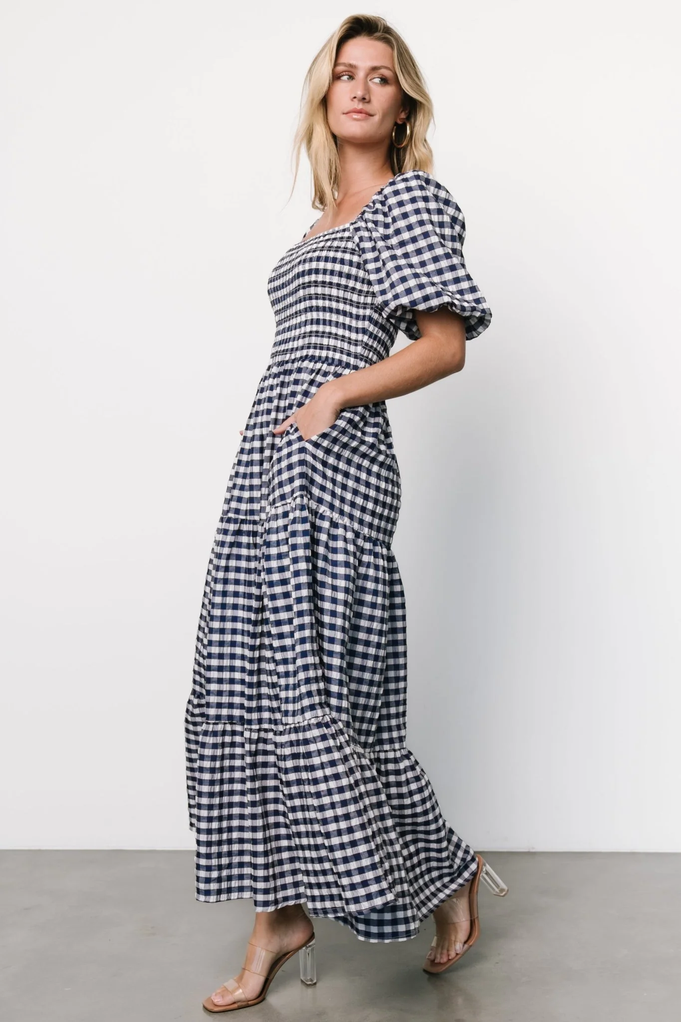 Lyndy Smocked Dress | Off White + Blue Gingham