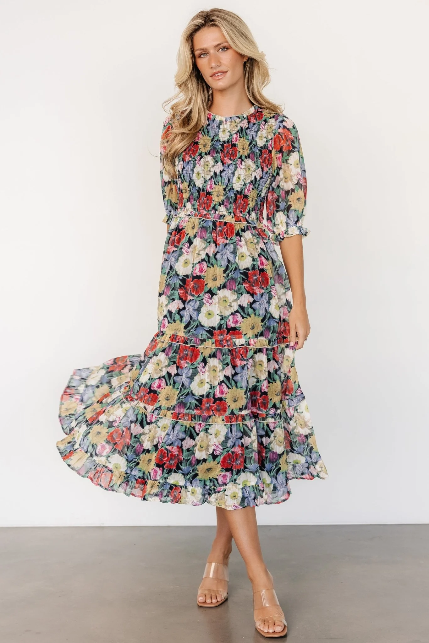 Rosalina Smocked Dress | Black Multi Floral