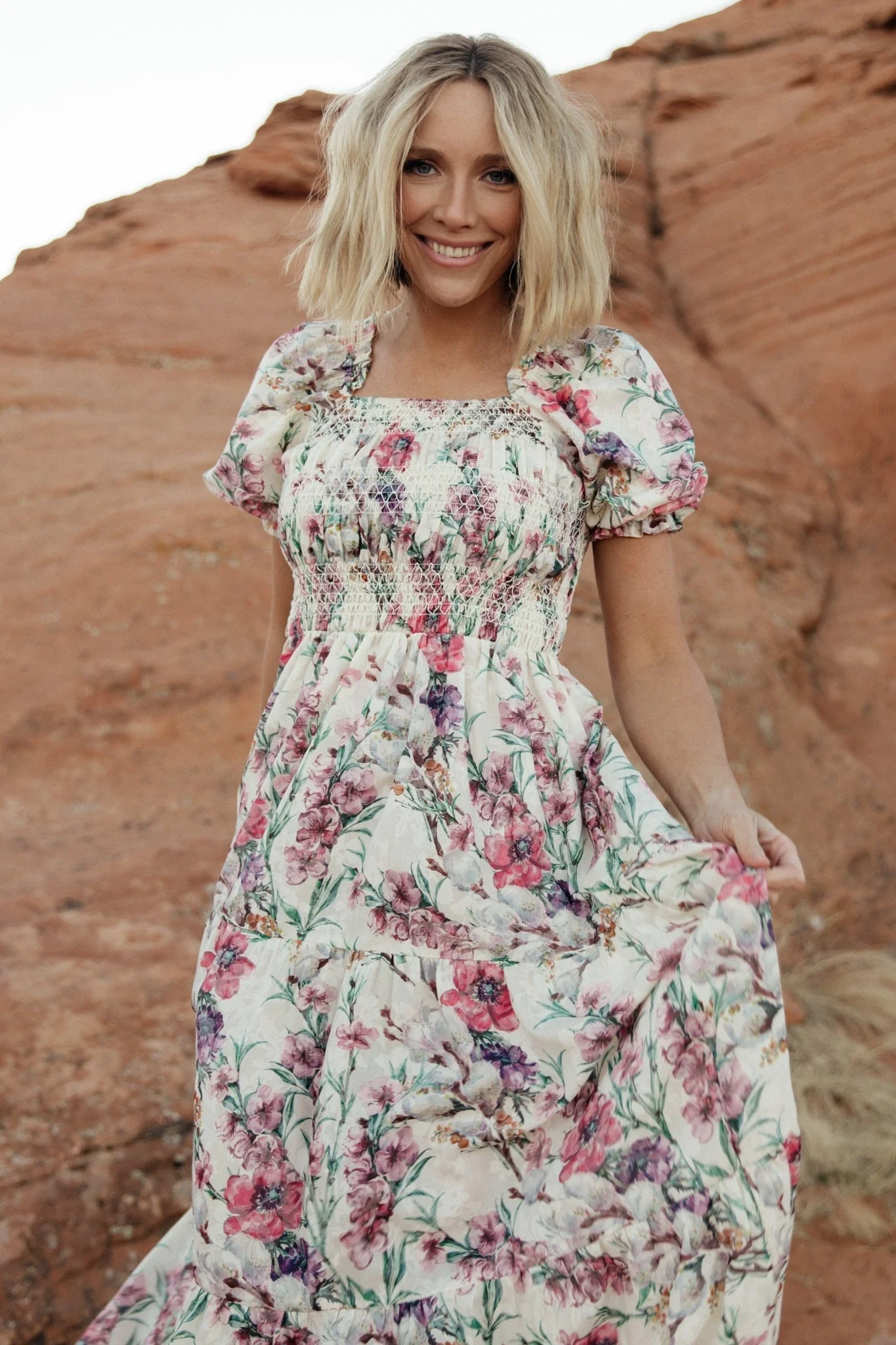 Tulsa Smocked Dress | Cream + Pink