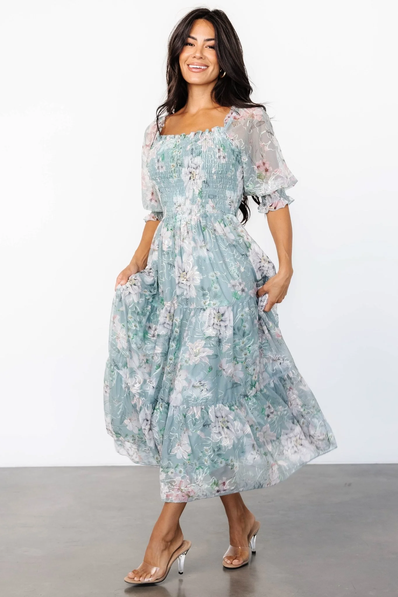 Fabian Jacquard Midi Dress | Light Sage + Blush