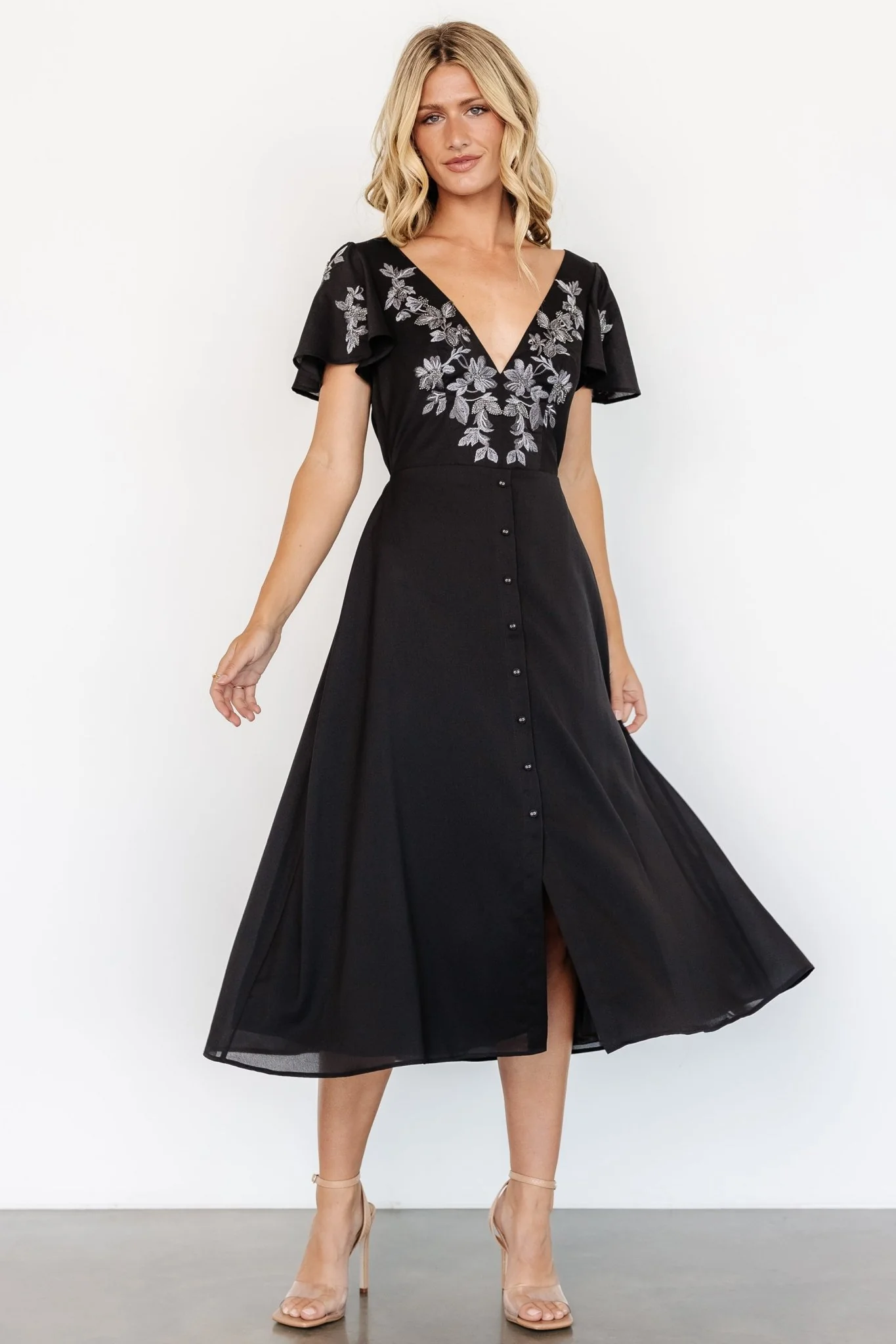 Swan Bead Embroidered Midi Dress | Black