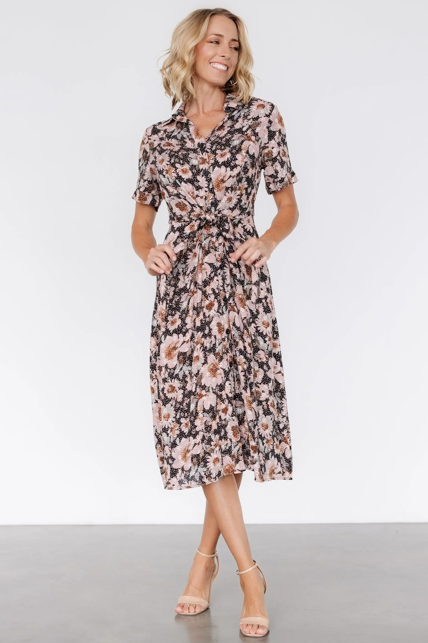 Feya Button Midi Dress | Black + Mauve Floral