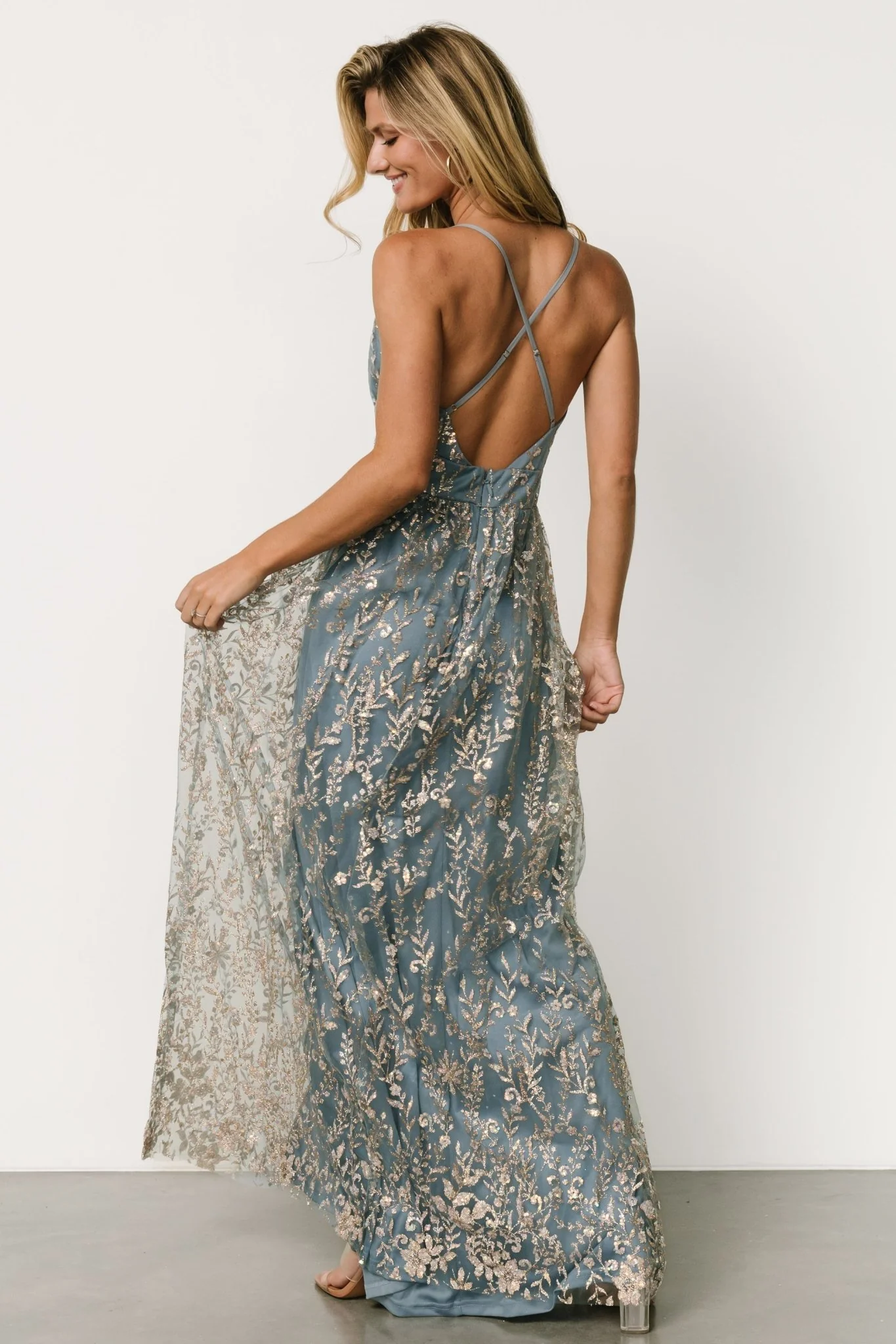 Anisa Shimmer Gown | Slate Blue + Rose Gold