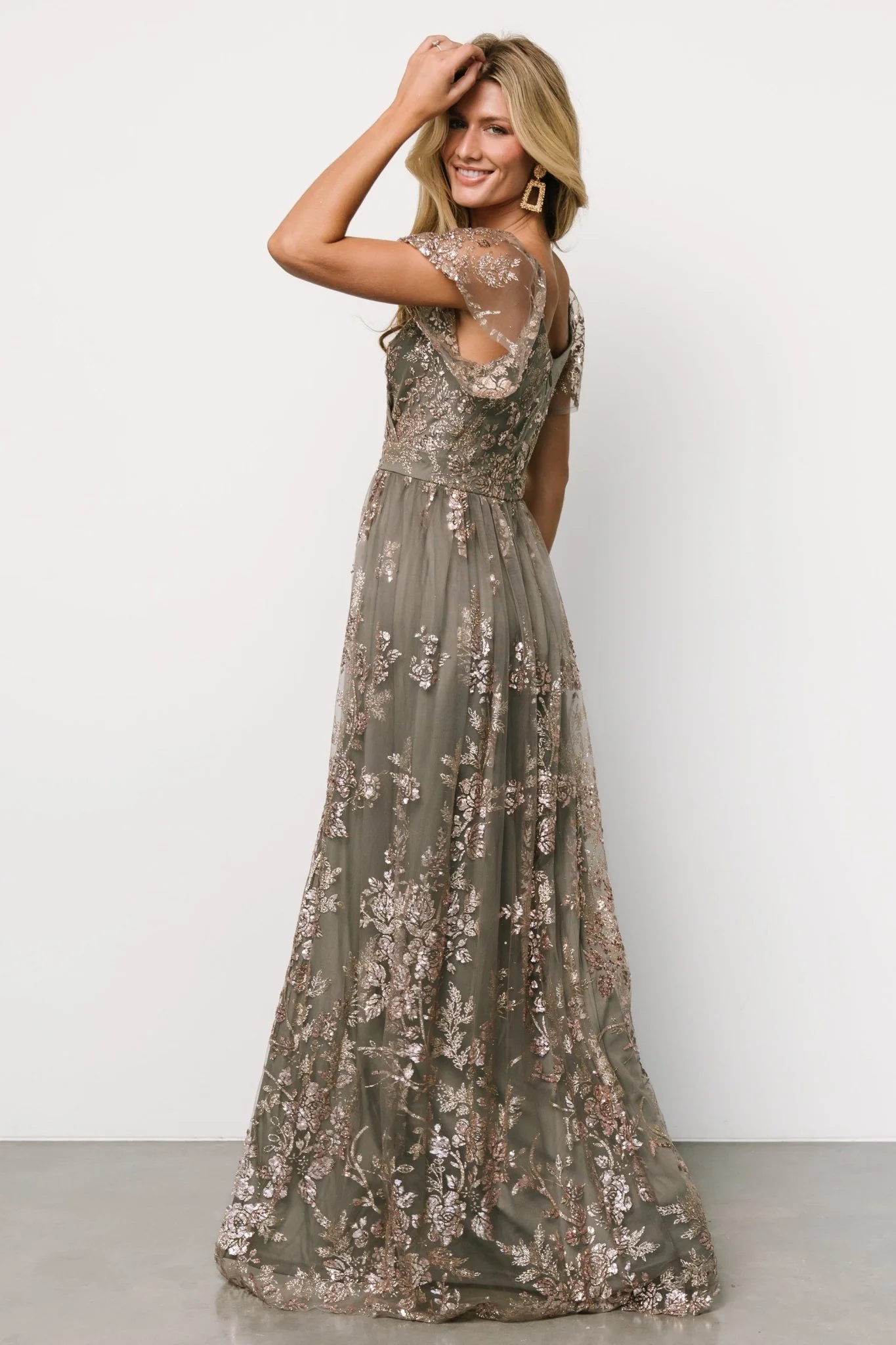 Corinne Shimmer Maxi Gown | Dark Sage + Rose Gold