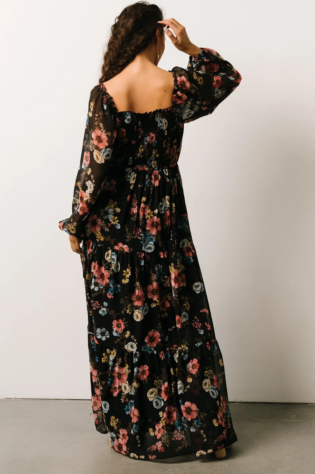 Isabela Smocked Maxi Dress | Black Multi Floral