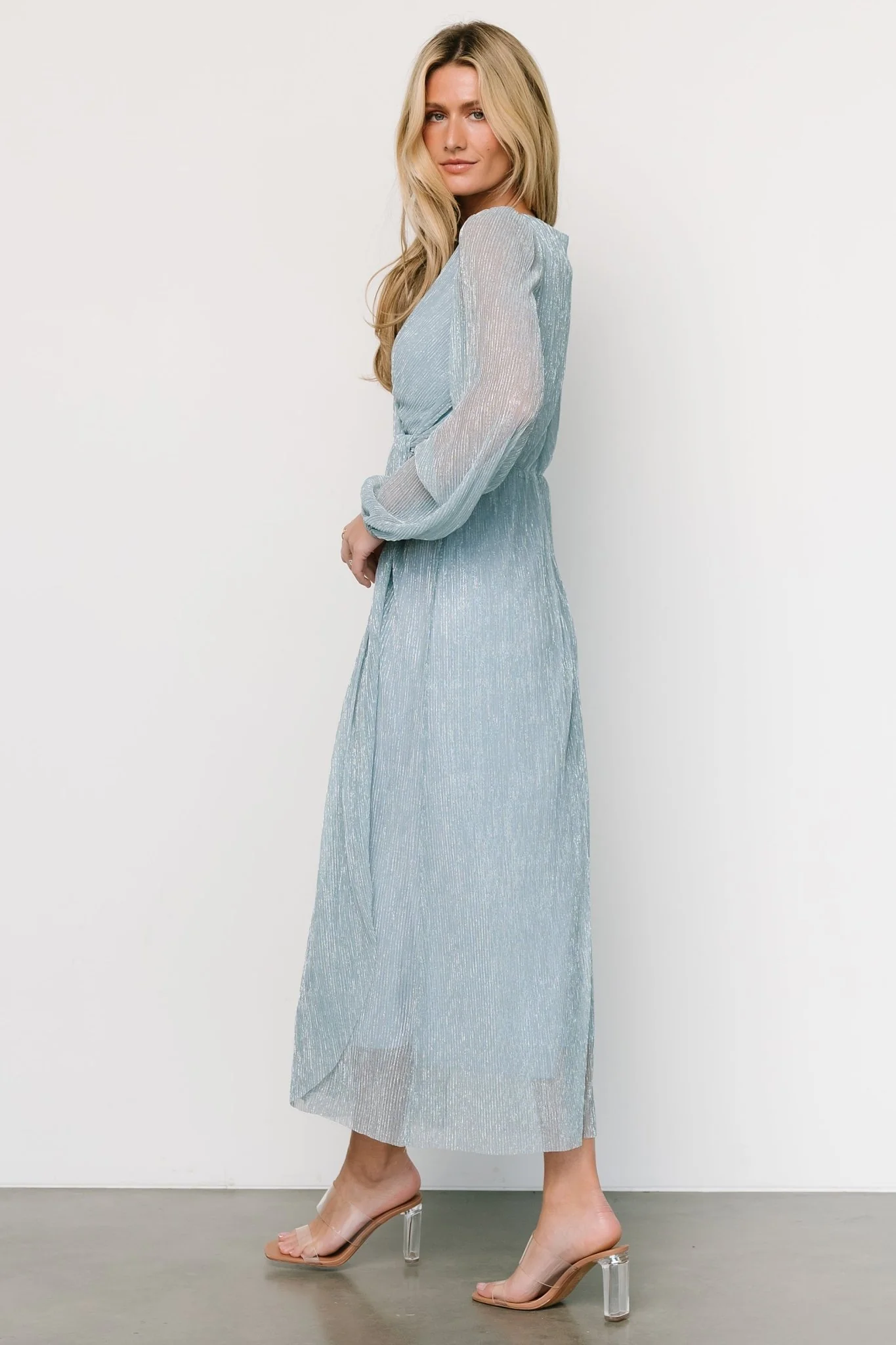 Devlyn Pleated Dress | Dusty Blue Shimmer