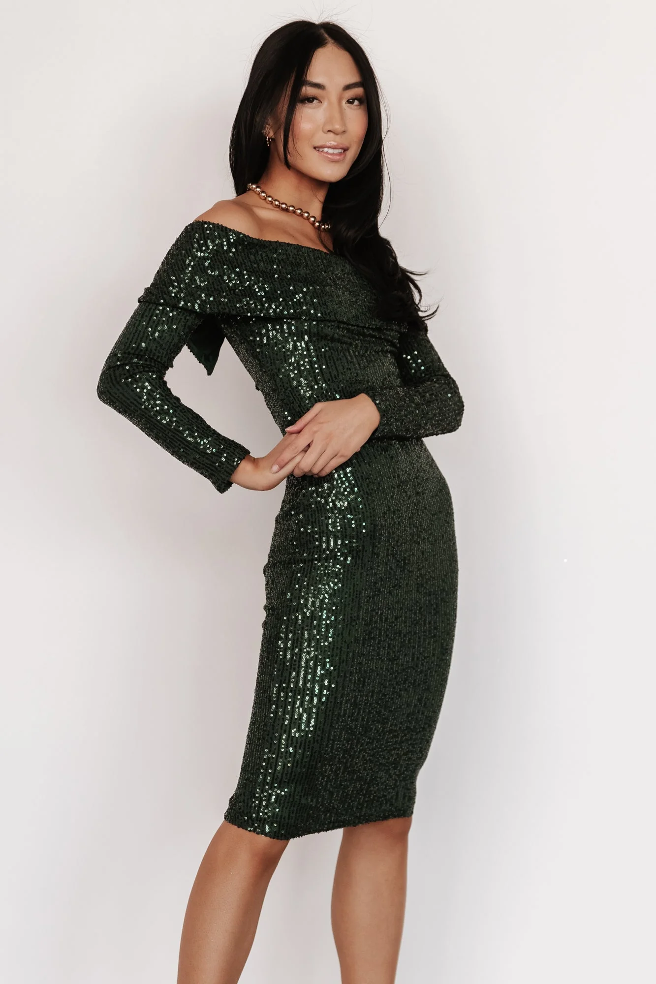 Karma Off Shoulder Sequin Midi Dress | Dark Green