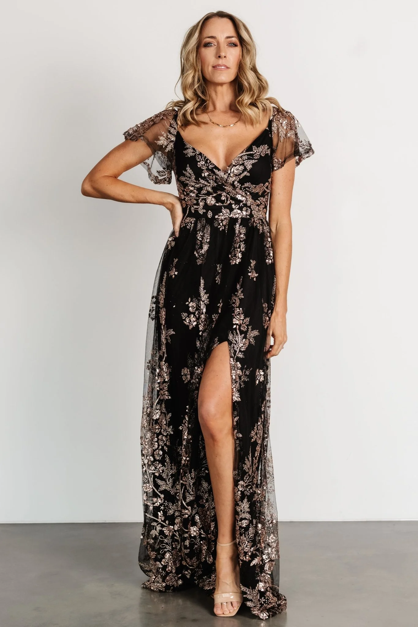 Corinne Shimmer Maxi Gown | Black + Rose Gold