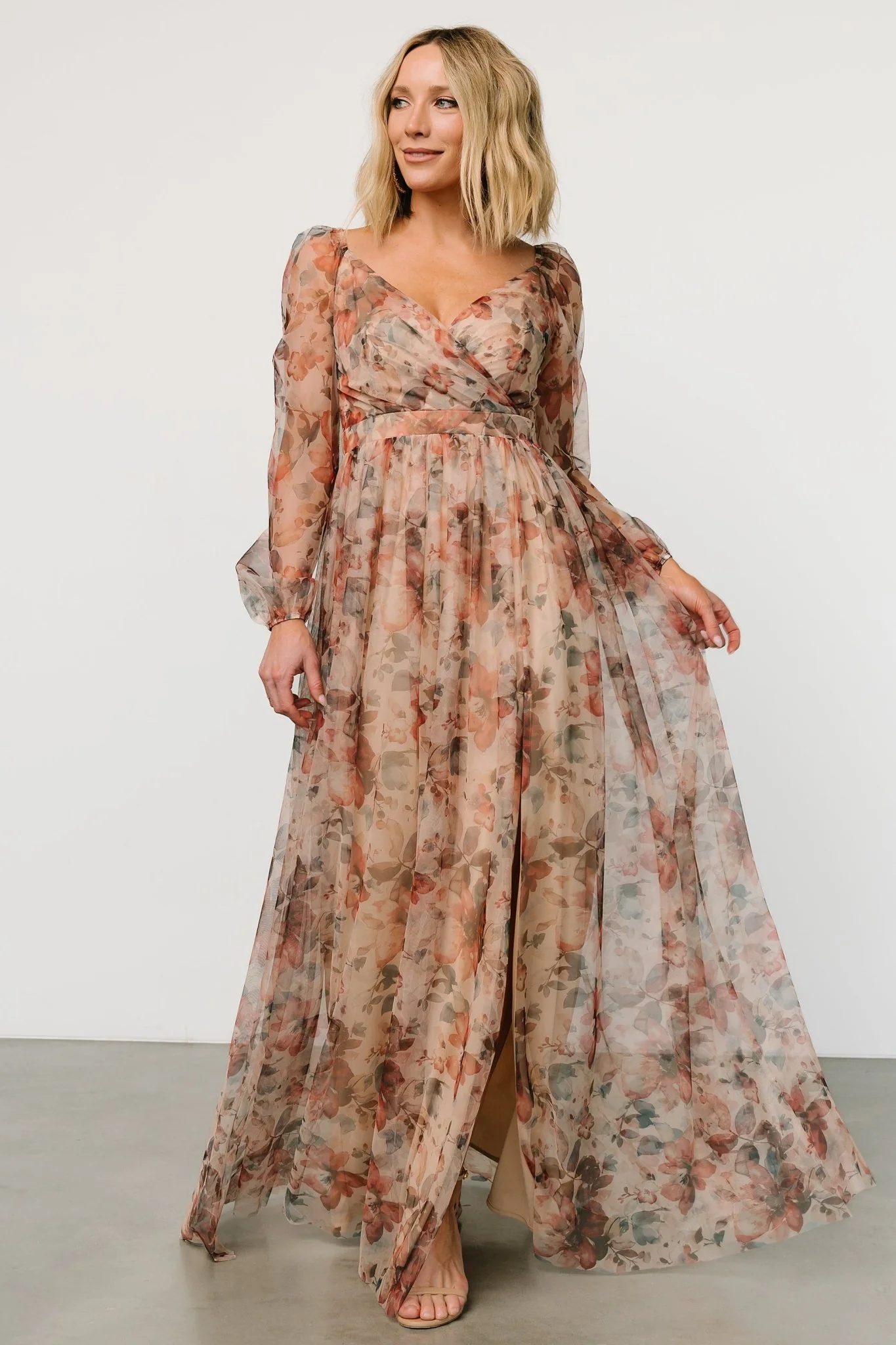 Desiree Tulle Maxi Dress | Taupe Floral