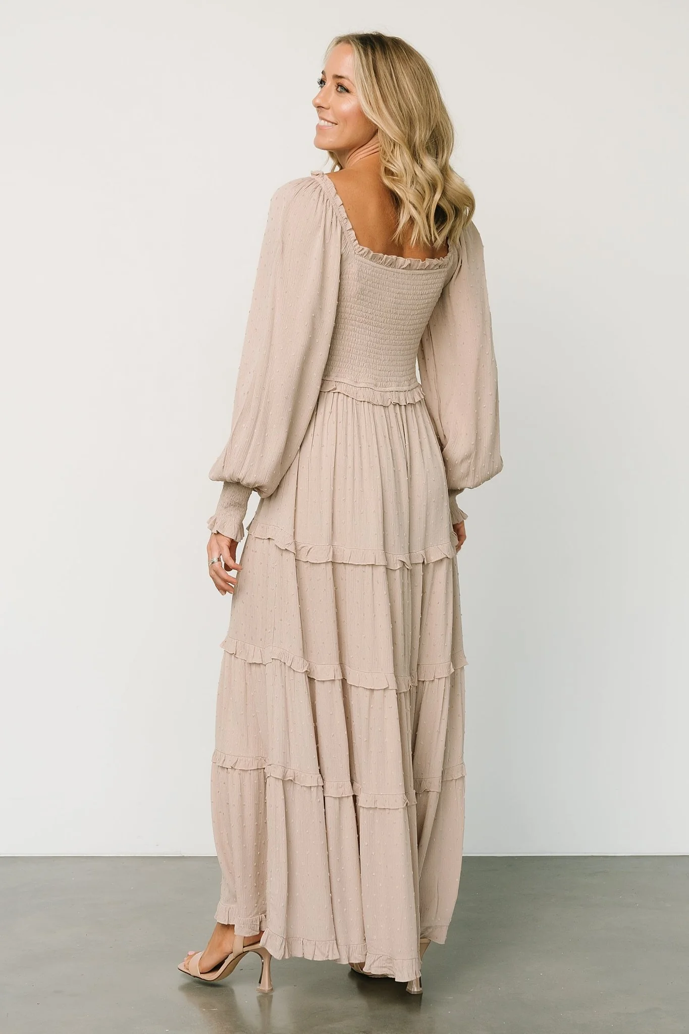 Amanda Smocked Dotted Maxi Dress | Beige