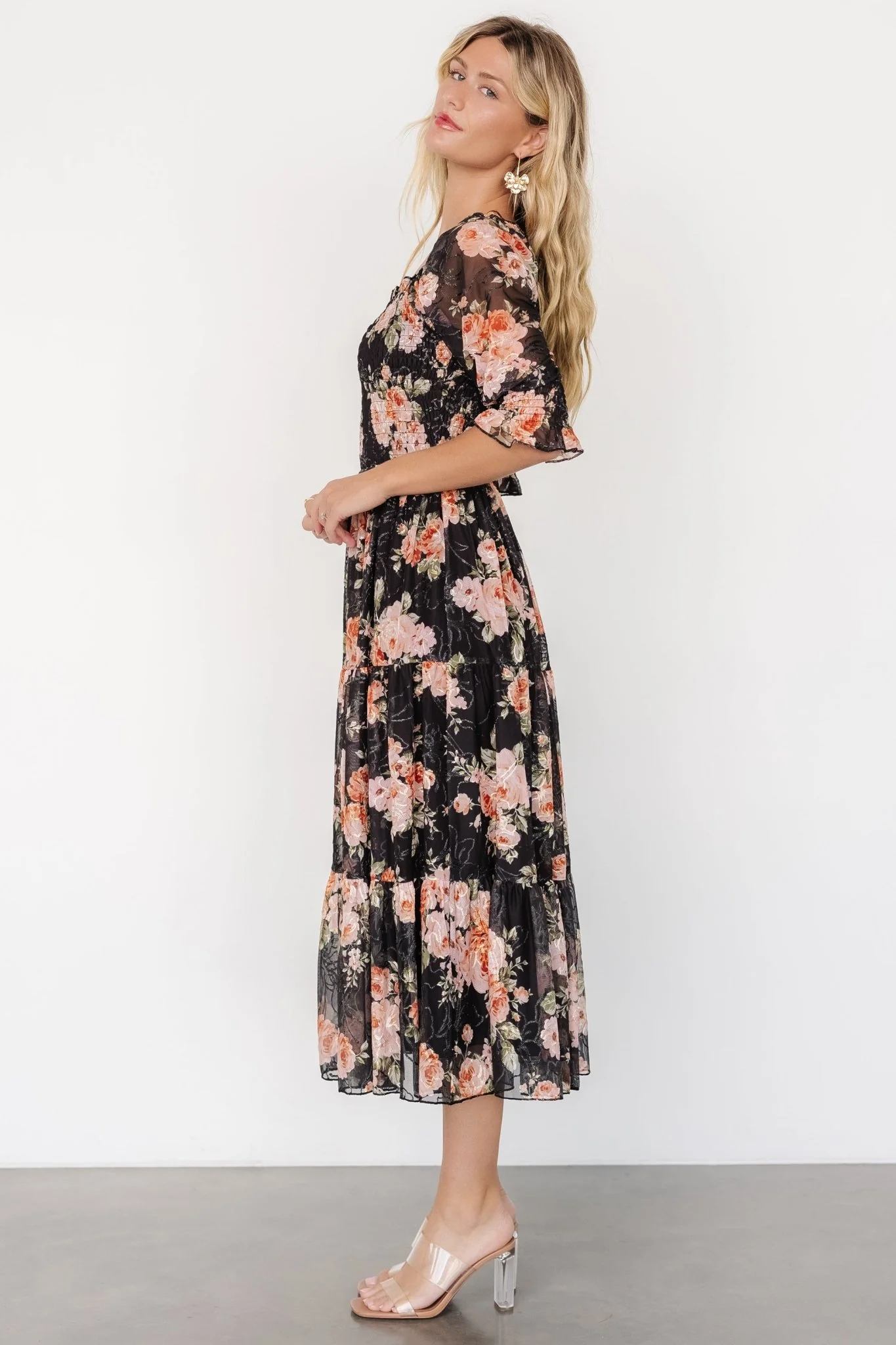 Fabian Jacquard Midi Dress | Peach + Black Floral