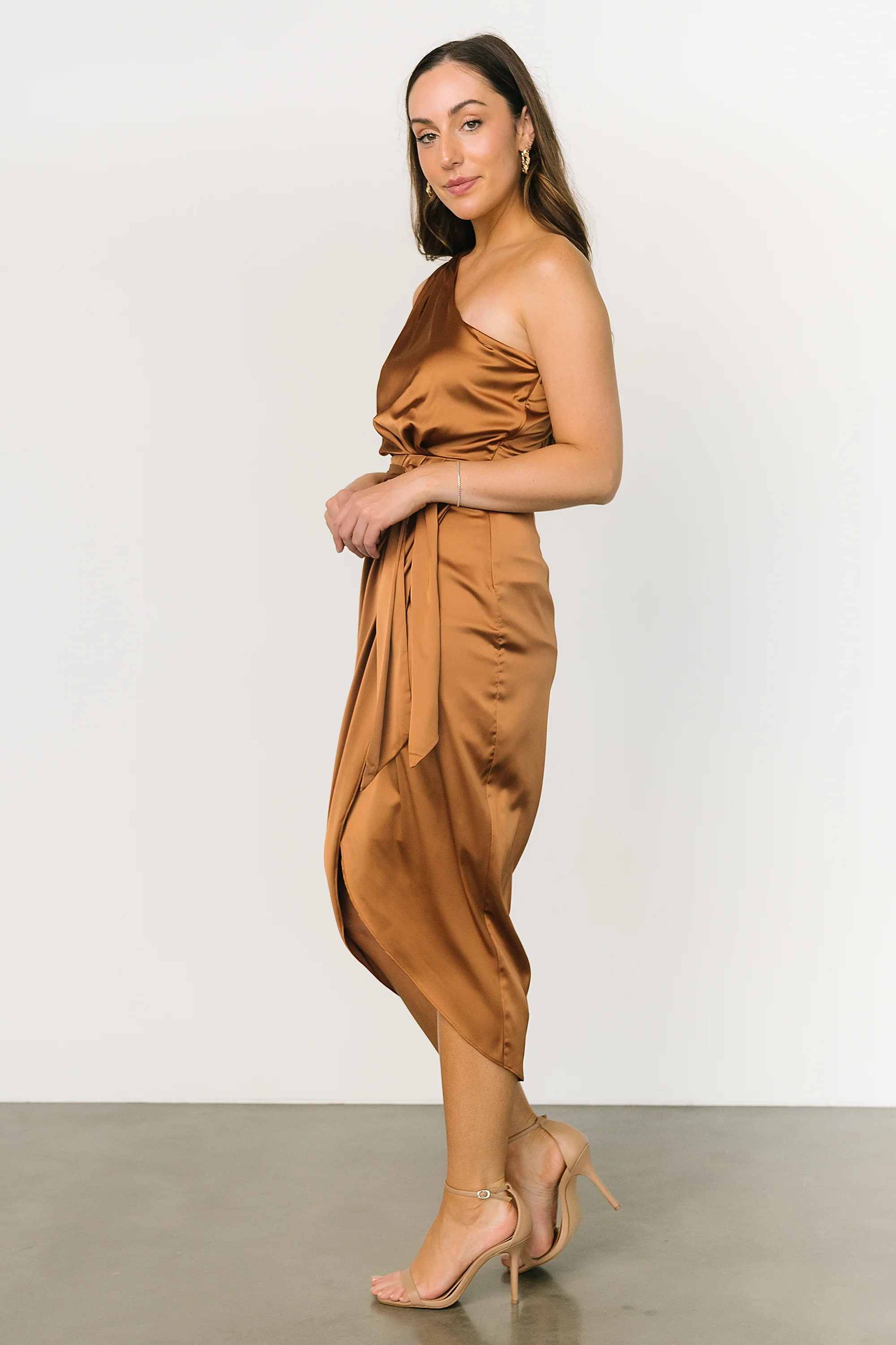 Celia One Shoulder Midi Dress | Bronze