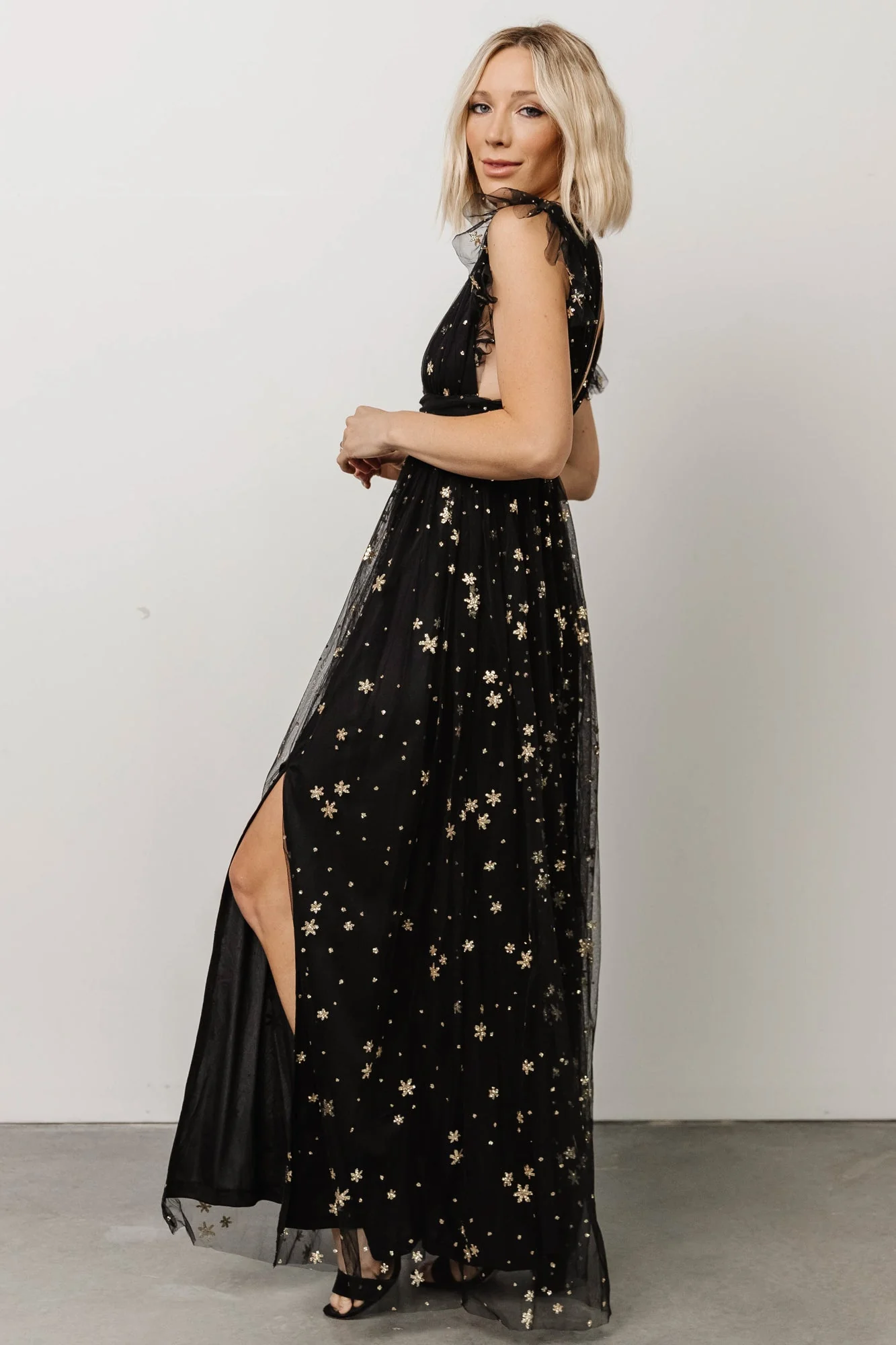 Nova Shimmer Maxi Dress | Black + Gold
