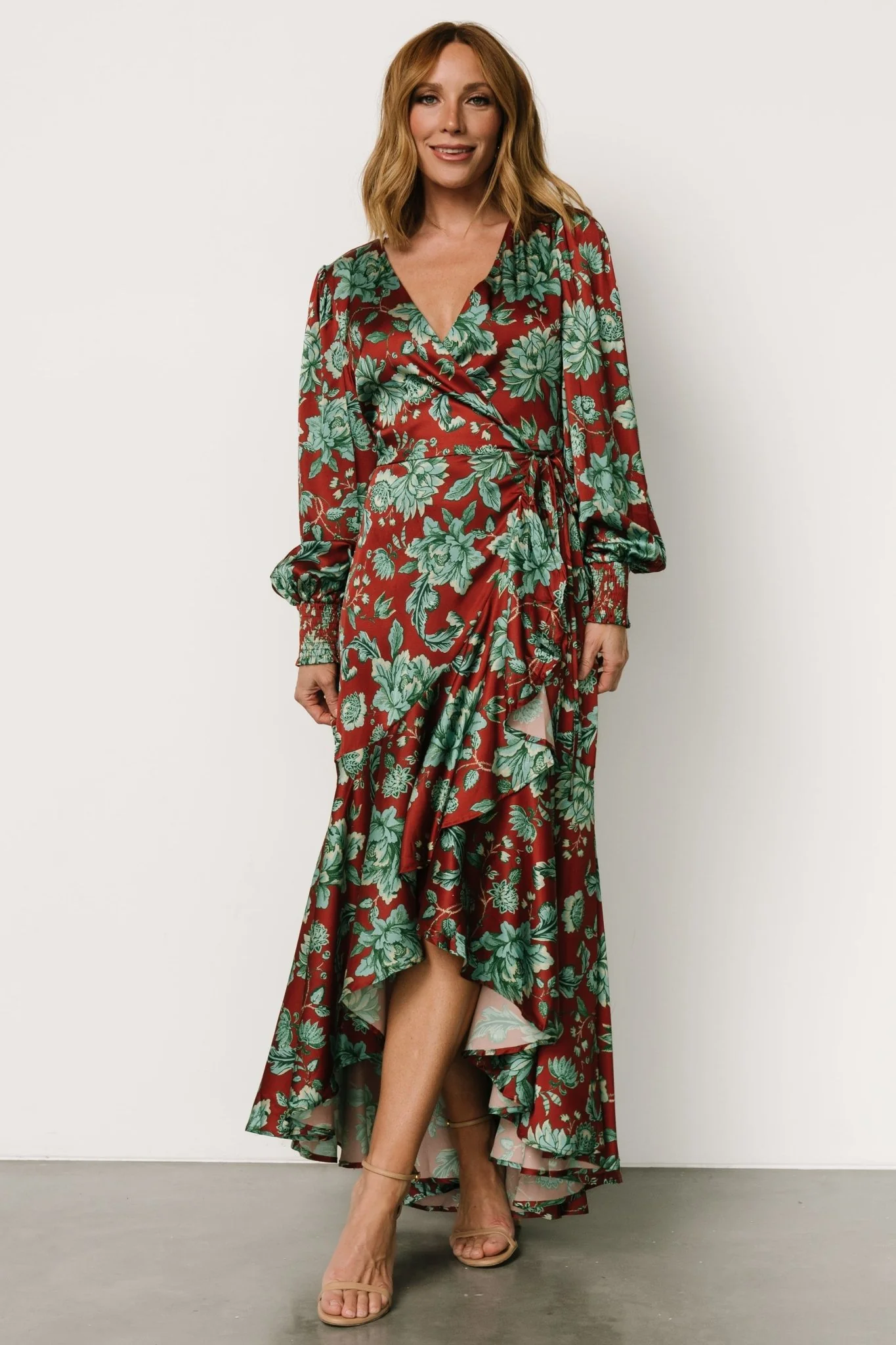 Lavinia Ruffle Maxi Dress | Rust + Green Floral