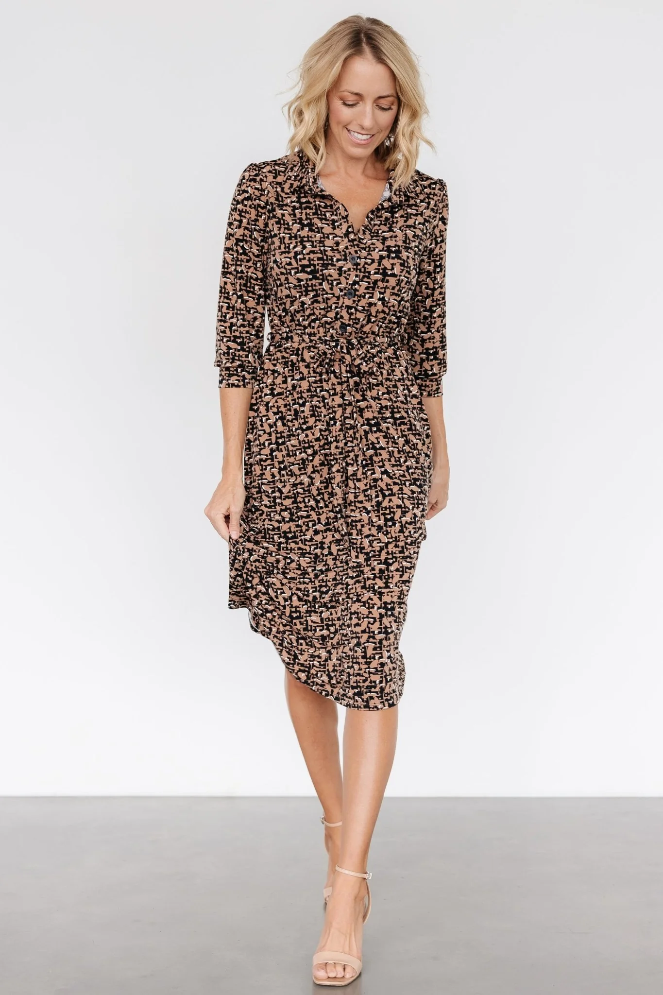Jenica Midi Dress | Black + Camel Print