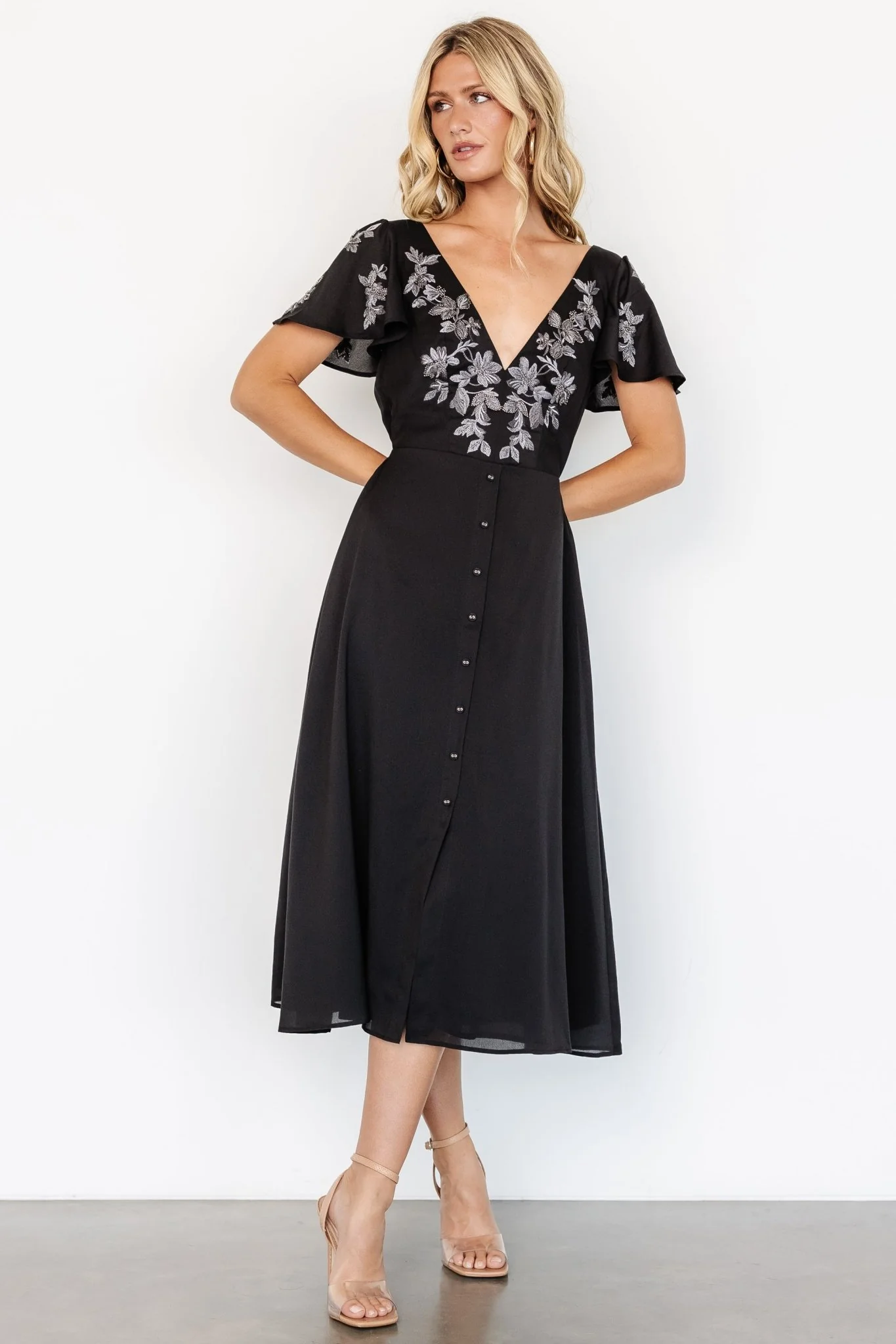 Swan Bead Embroidered Midi Dress | Black