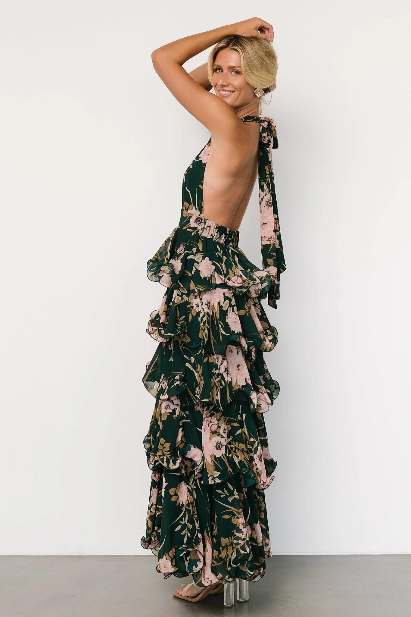 Jesslyn Open Back Tiered Maxi Dress | Green + Pink