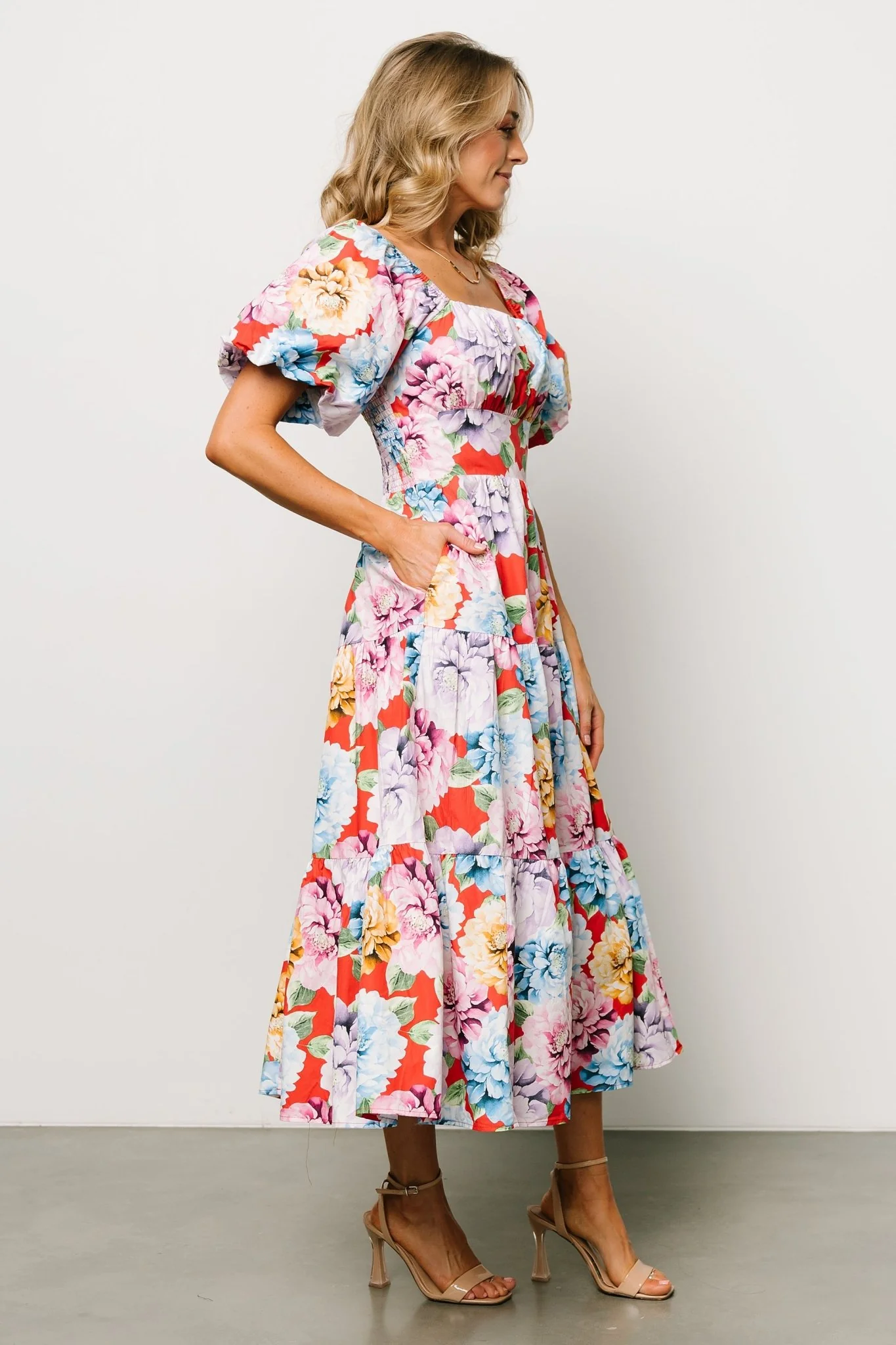 Iva Puff Sleeve Midi Dress | Red Multi Floral