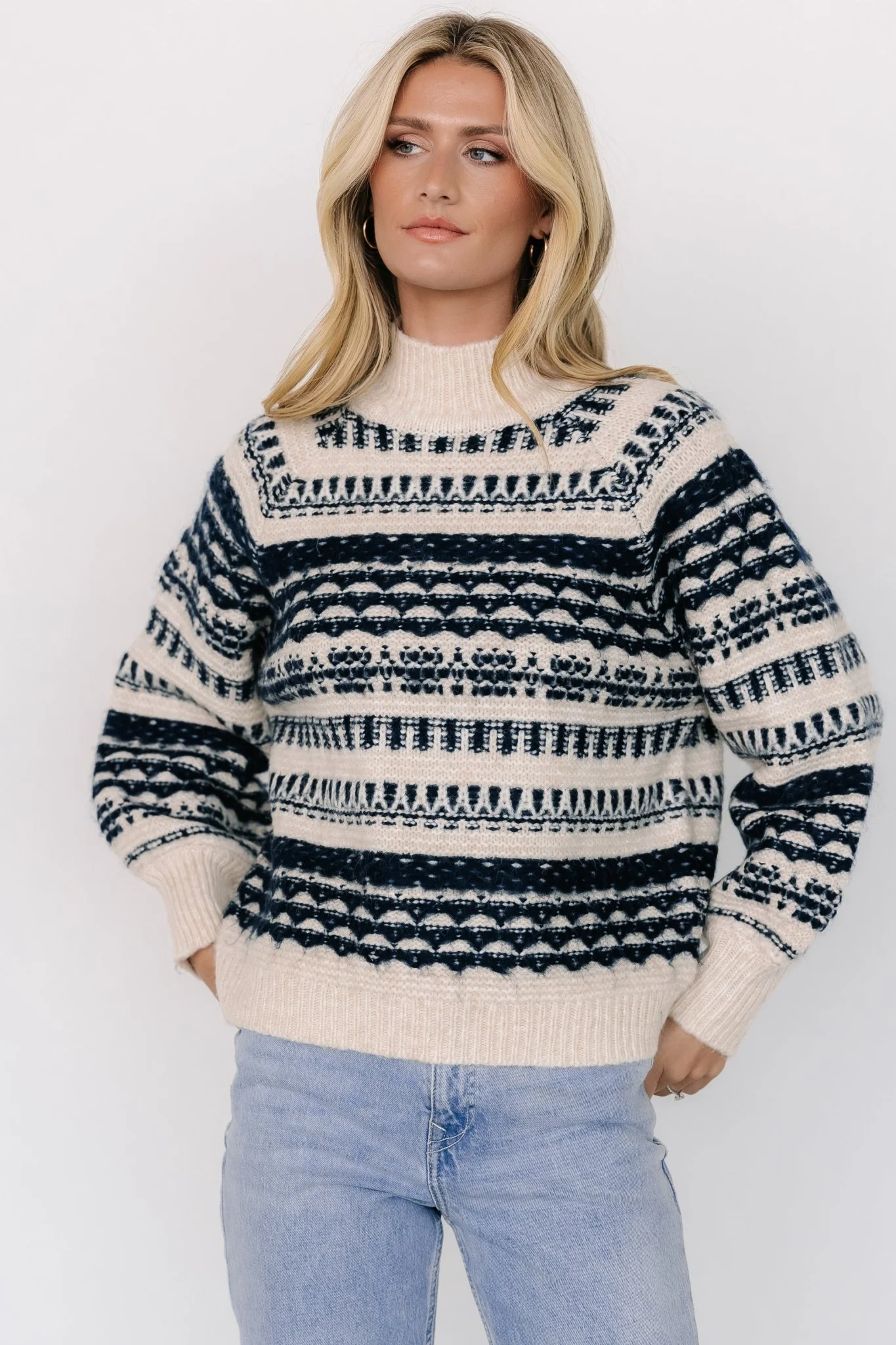 Guadalupe Mock Neck Sweater | Ivory + Navy