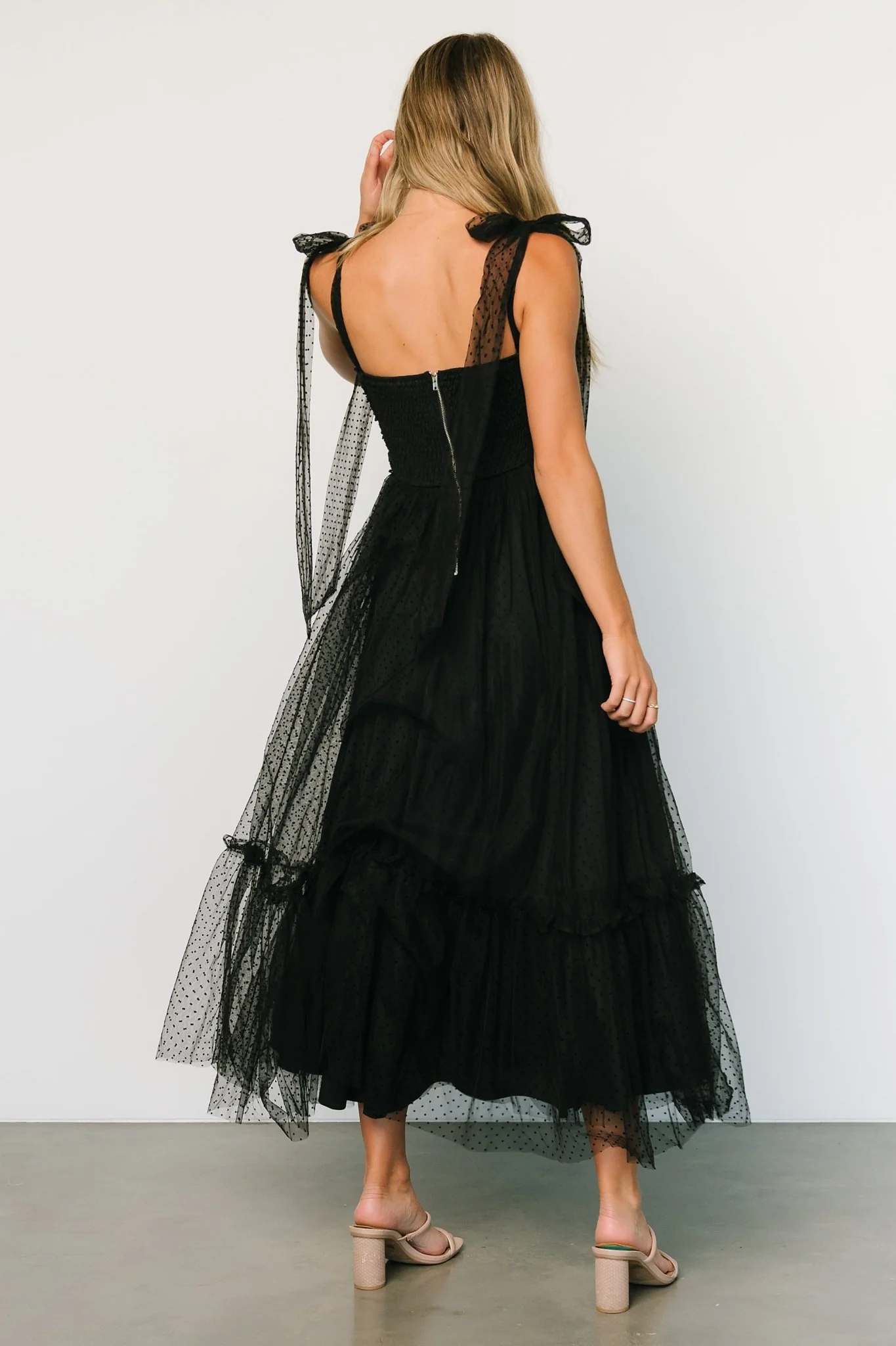 Mavani Swiss Dot Tulle Maxi Dress | Black