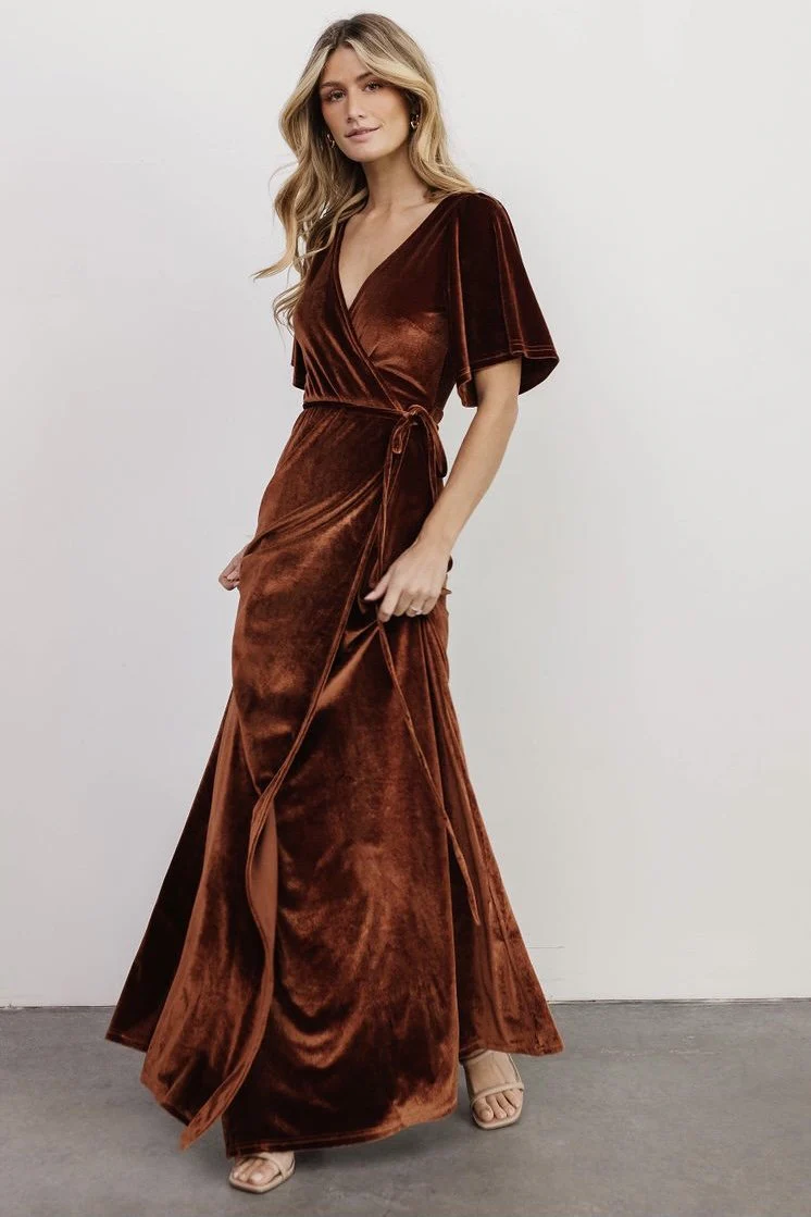 Meghan Velvet Wrap Maxi Dress | Bronze
