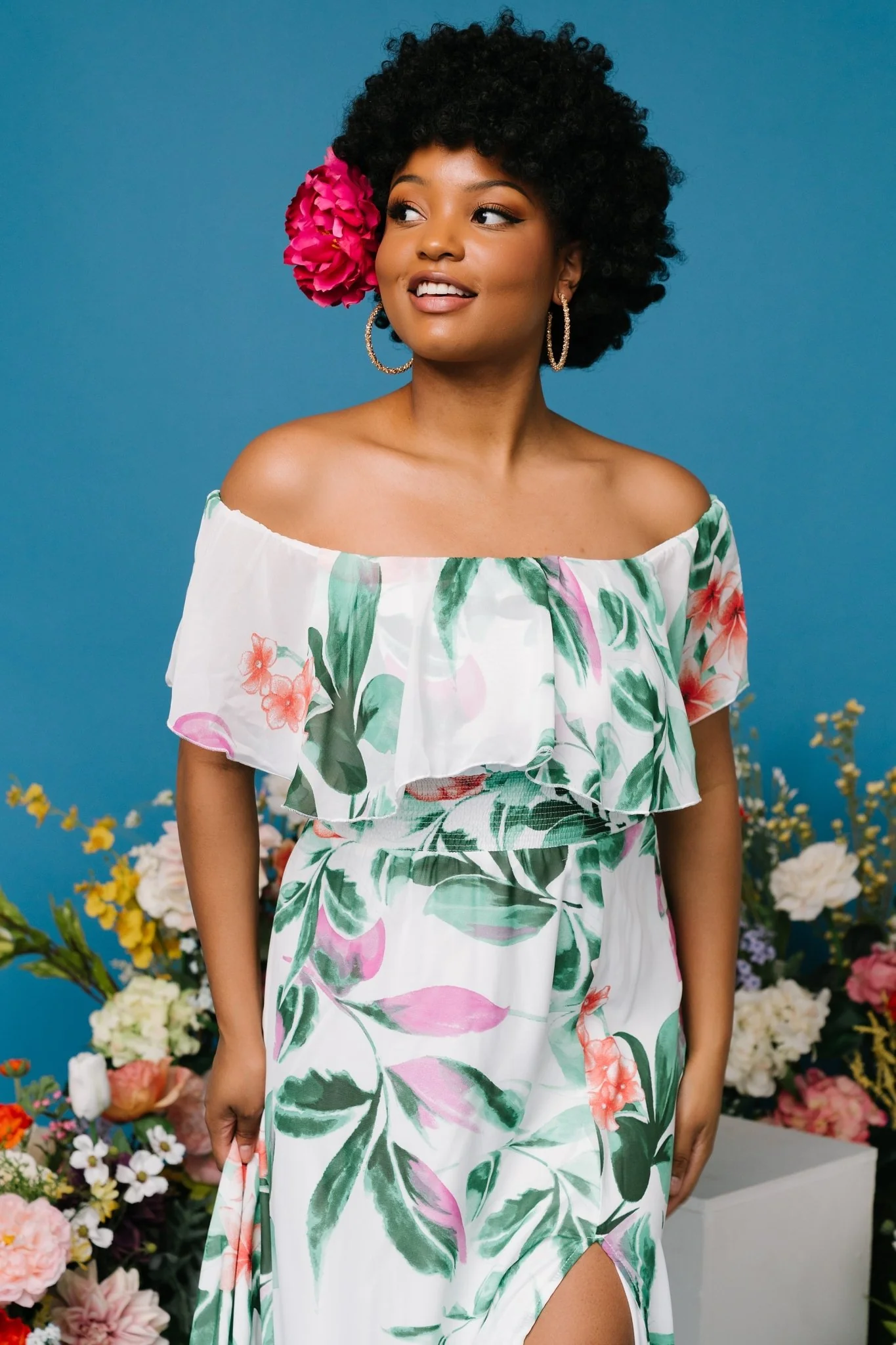 Daphne Off Shoulder Maxi Dress | White + Green Multi Floral