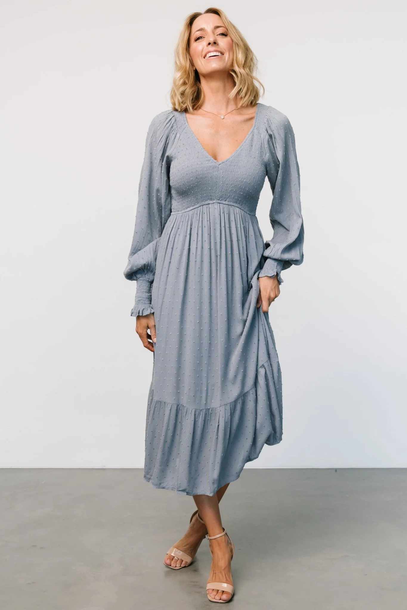 Lainey Smocked Dotted Midi Dress | Dusty Blue