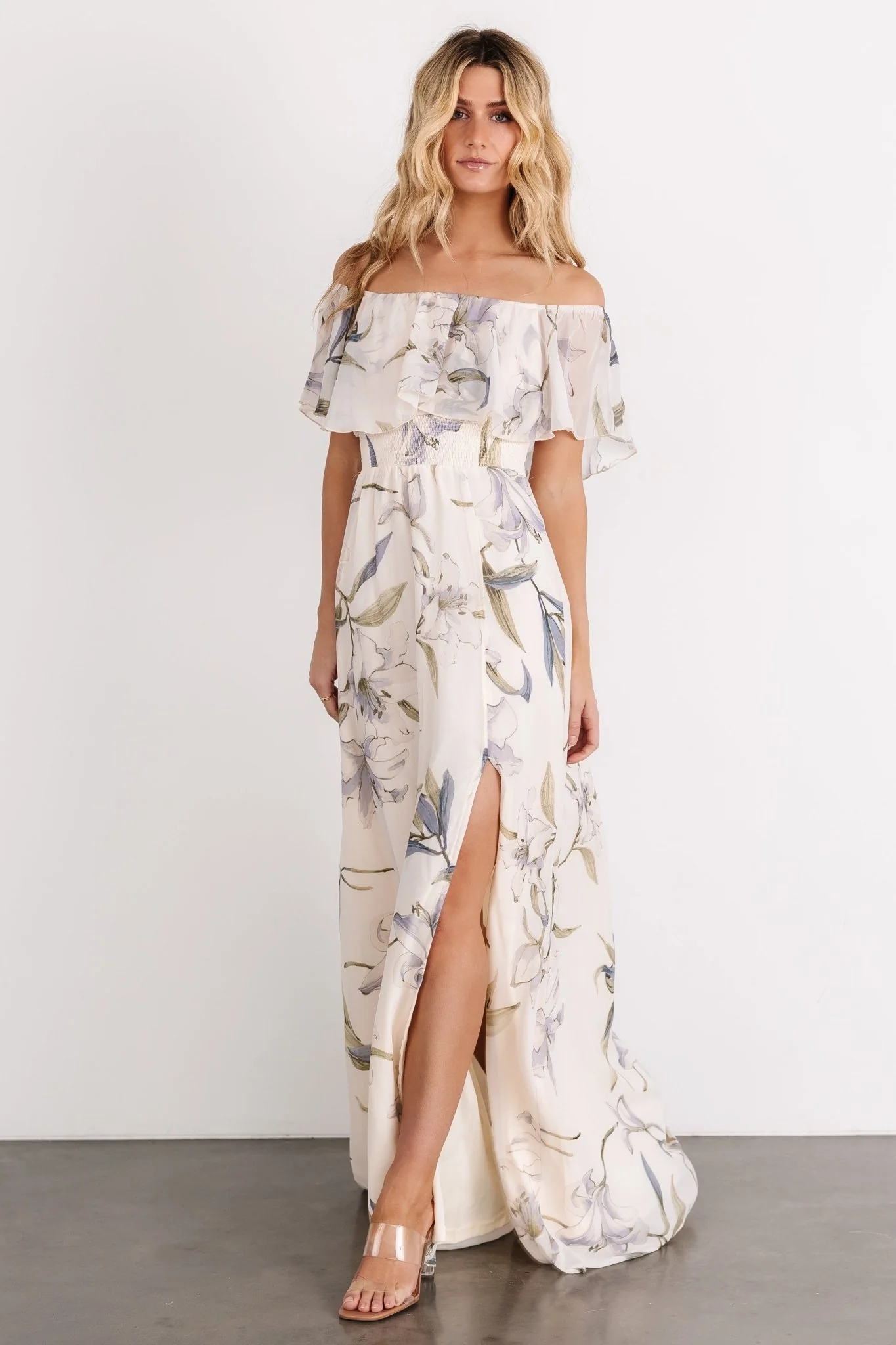 Daphne Off Shoulder Maxi Dress | Beige + Blue Floral