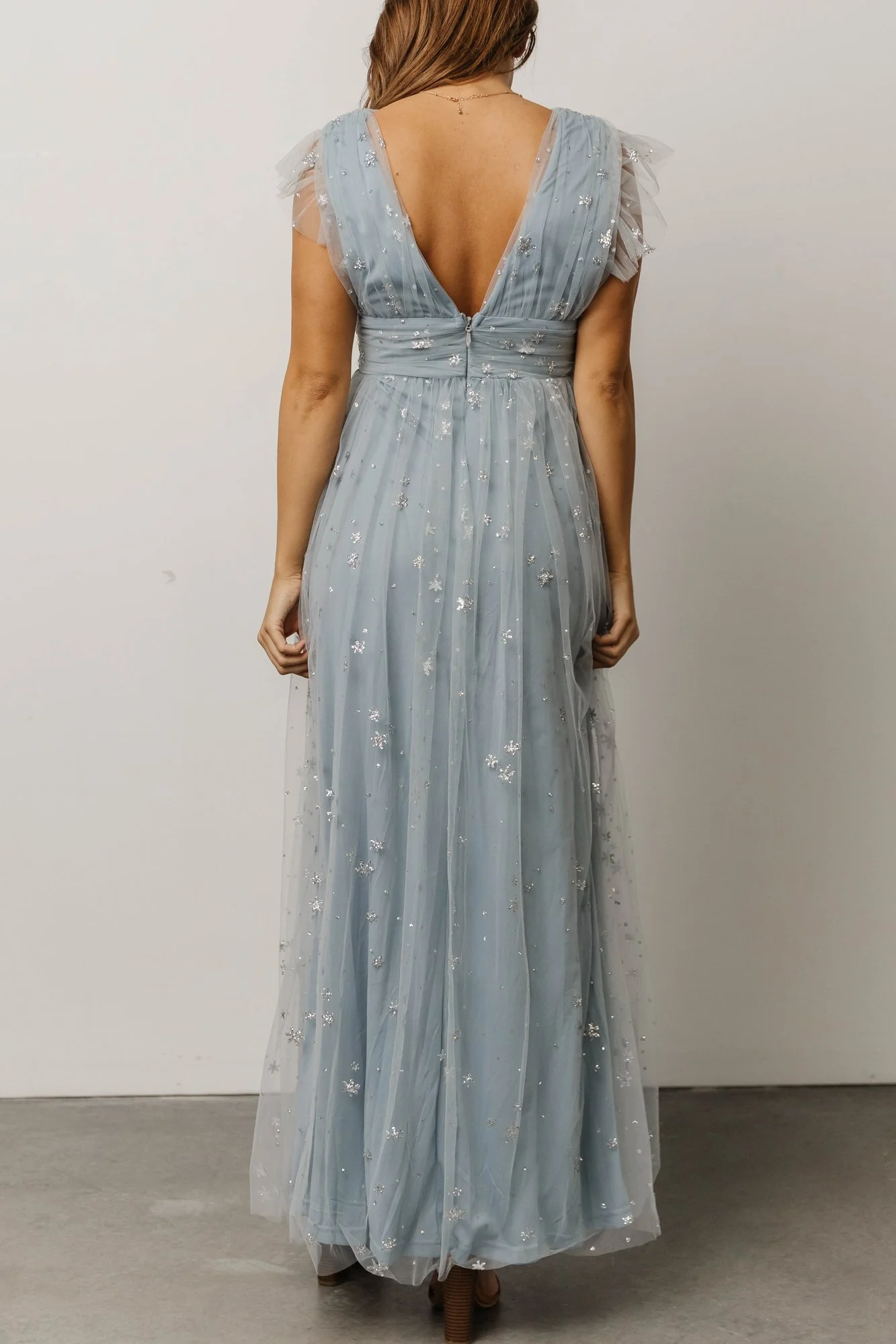 Nova Shimmer Maxi Dress | Dusty Blue + Silver