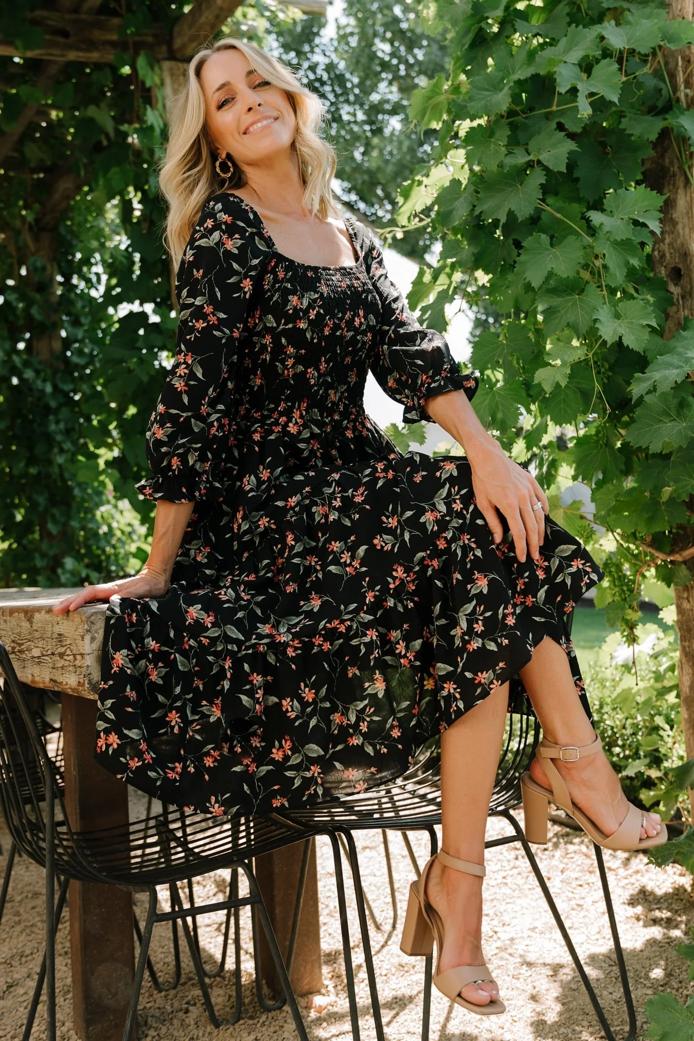 Marta Smocked Midi Dress | Black Floral