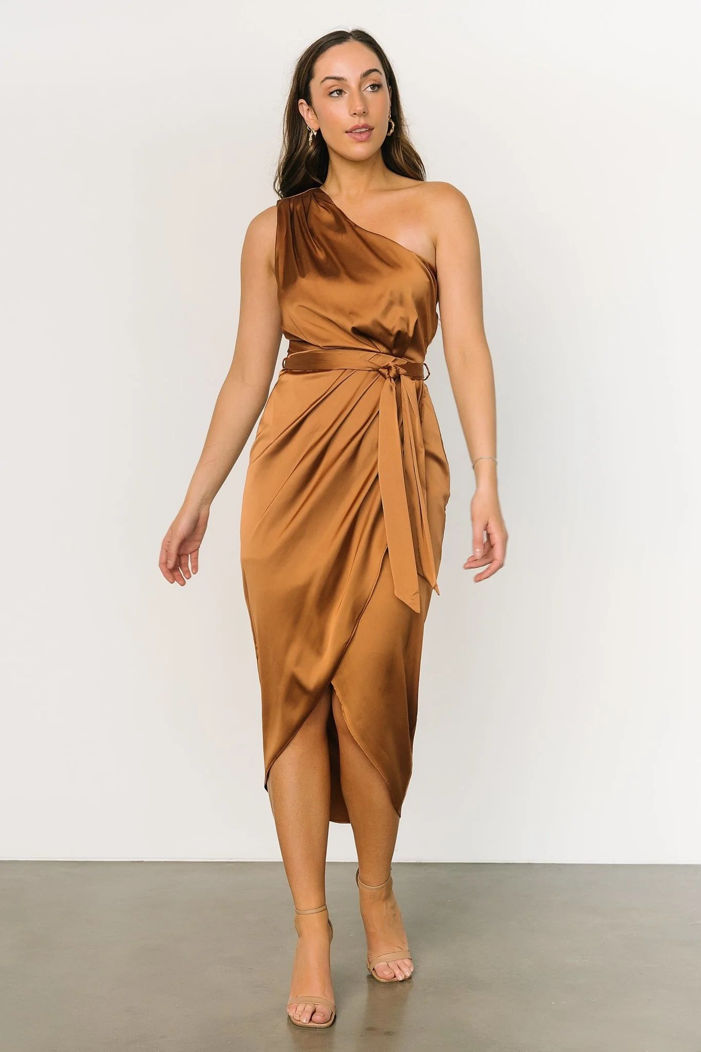 Celia One Shoulder Midi Dress | Bronze