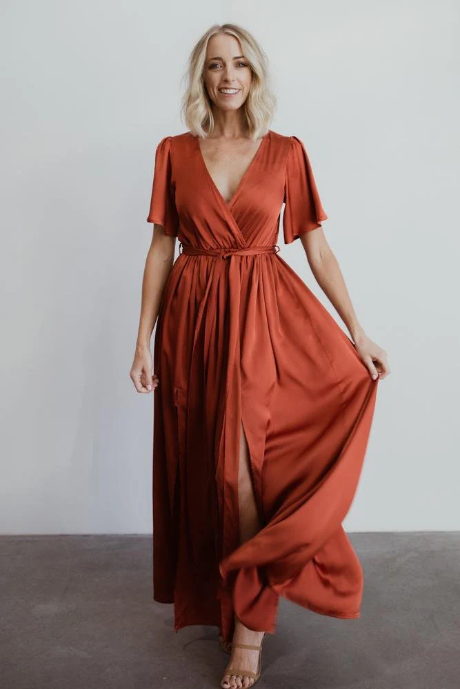 Sicily Satin Maxi Dress | Rust