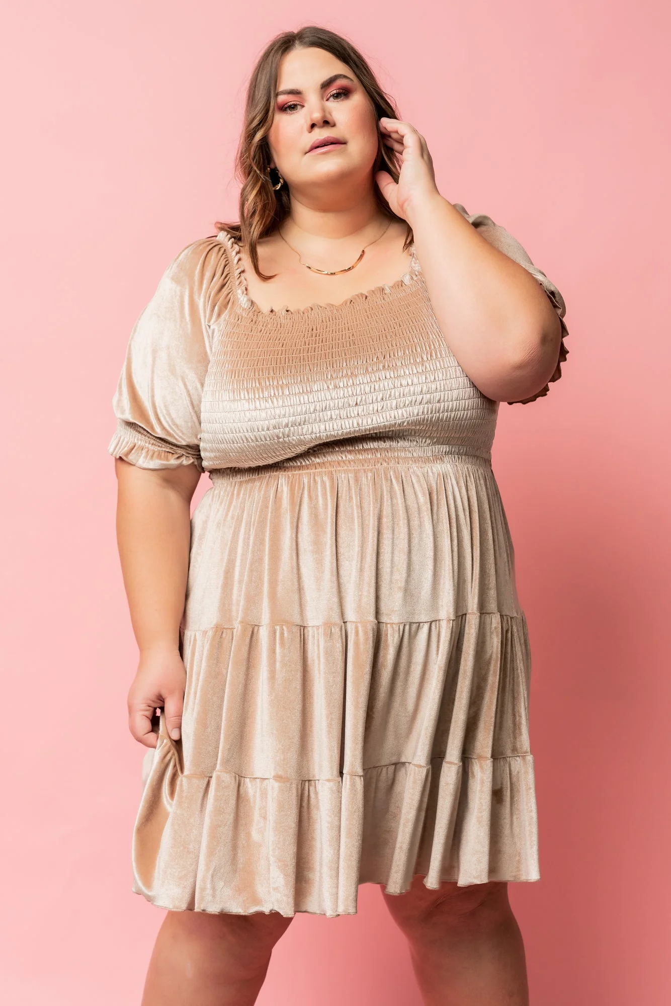 Bliss Smocked Velvet Short Dress | Natural