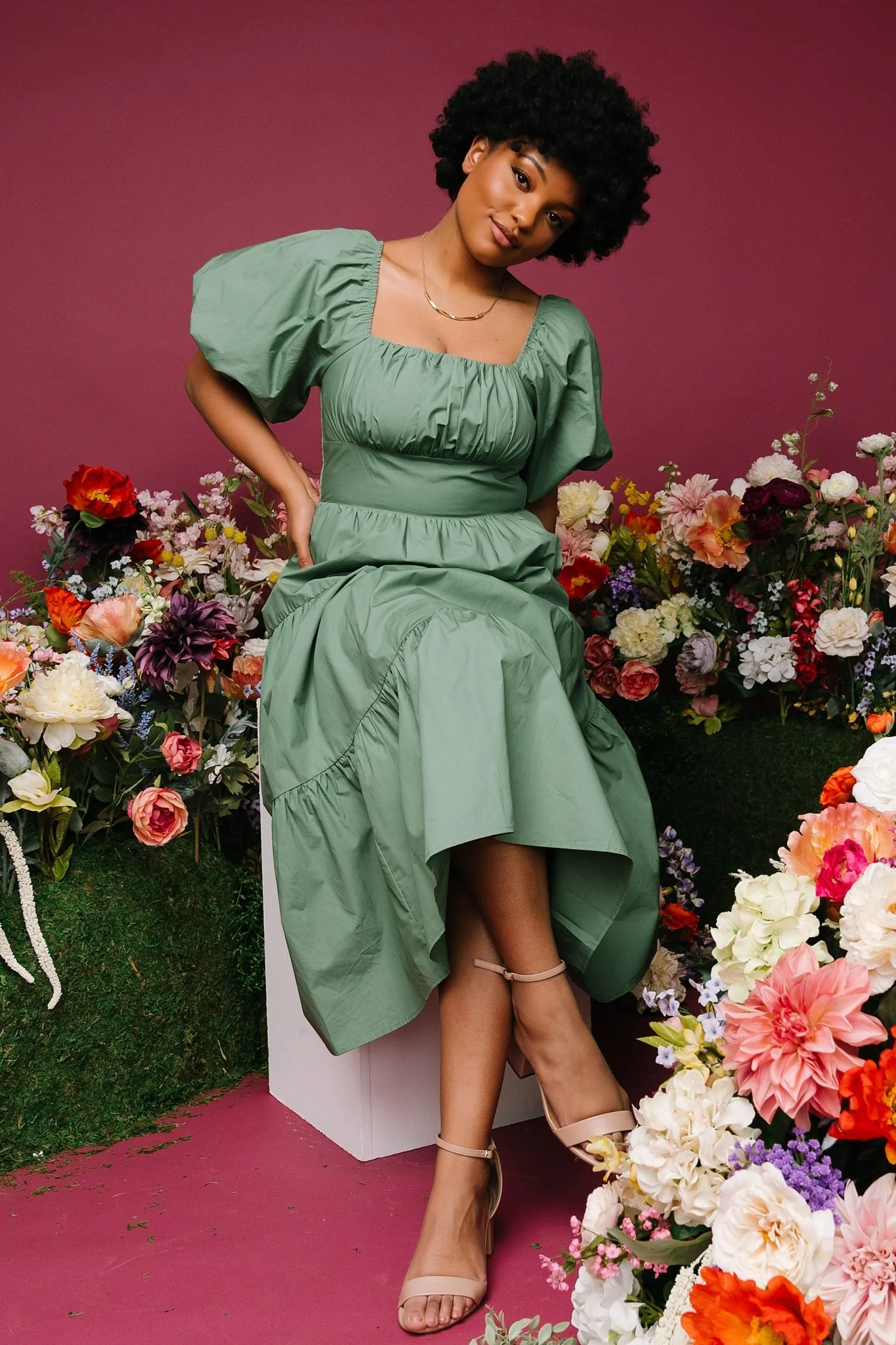 Cindy Puff Sleeve Tiered Dress | Dusty Green