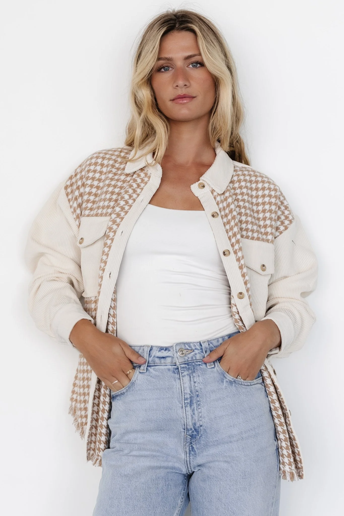 Montreal Houndstooth Shacket | Taupe + Ivory