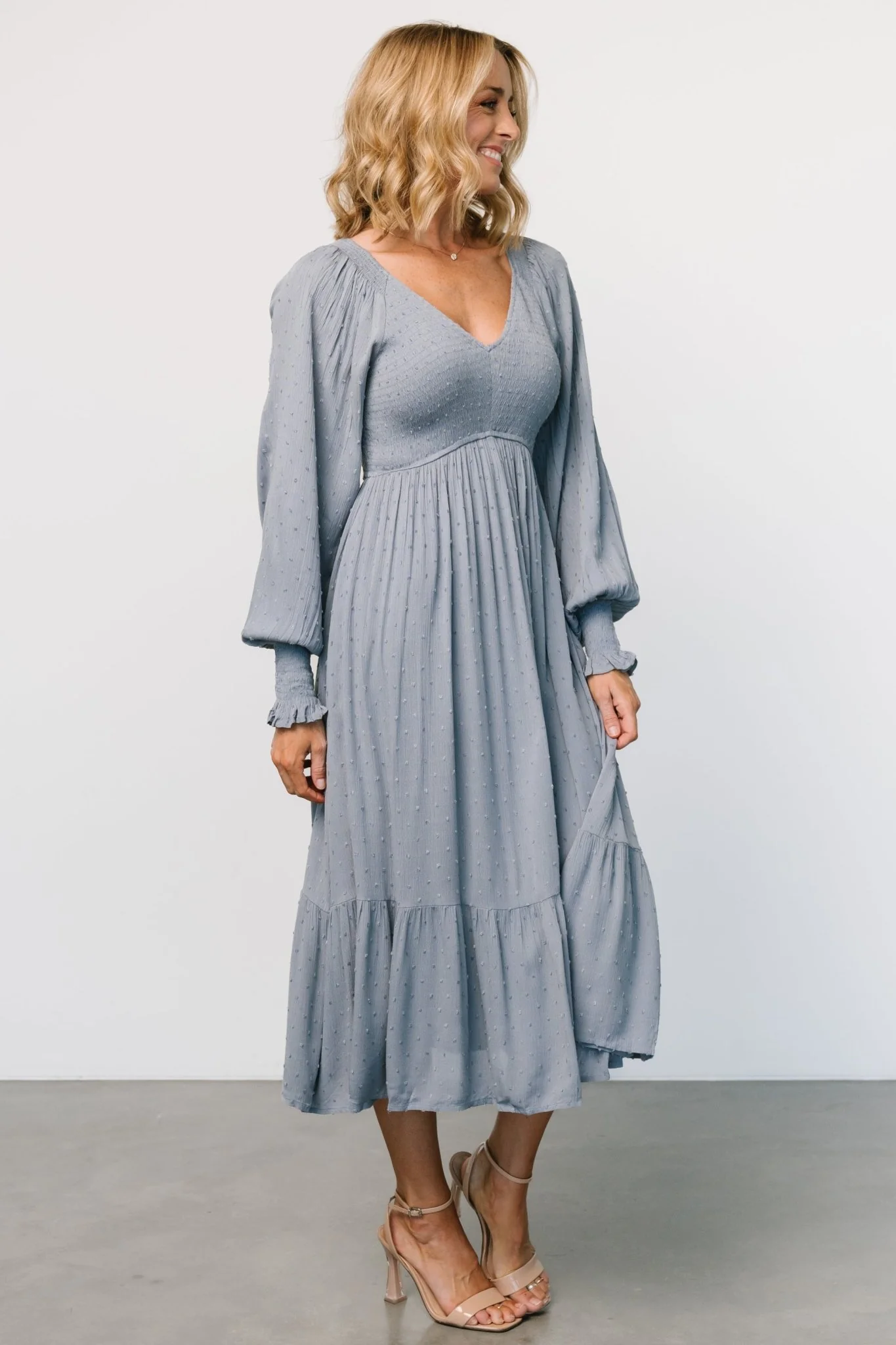 Lainey Smocked Dotted Midi Dress | Dusty Blue
