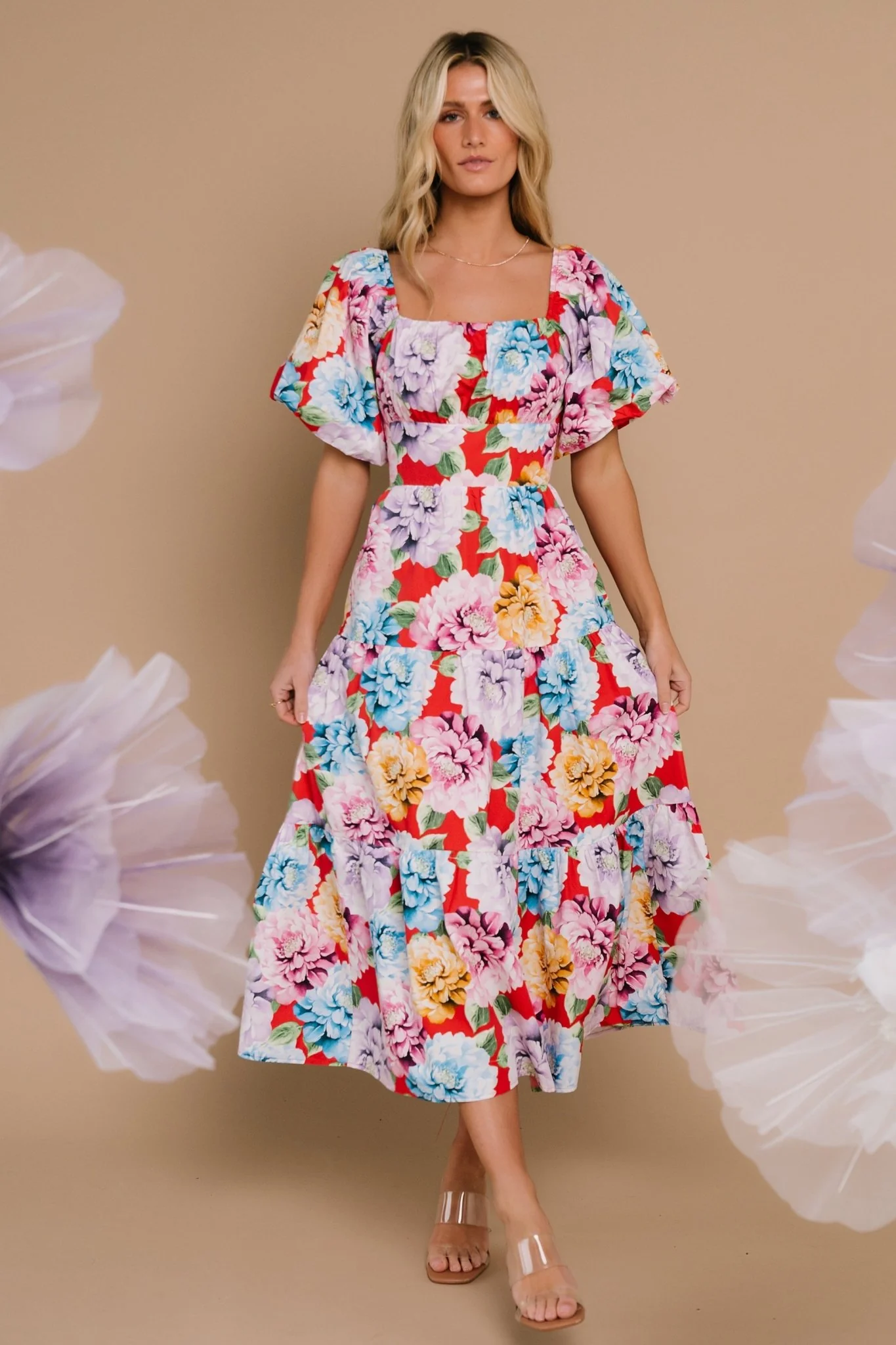 Iva Puff Sleeve Midi Dress | Red Multi Floral