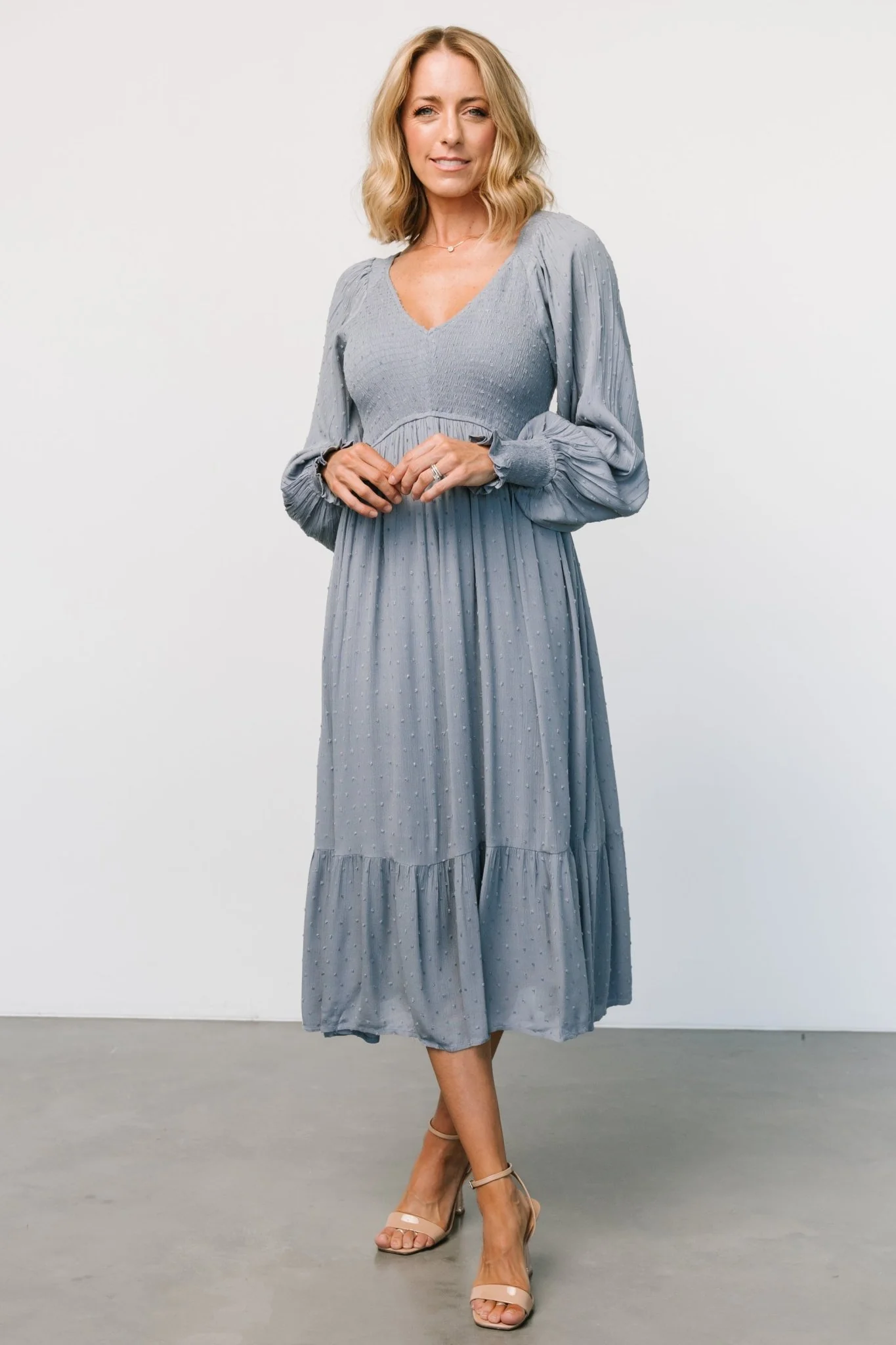 Lainey Smocked Dotted Midi Dress | Dusty Blue