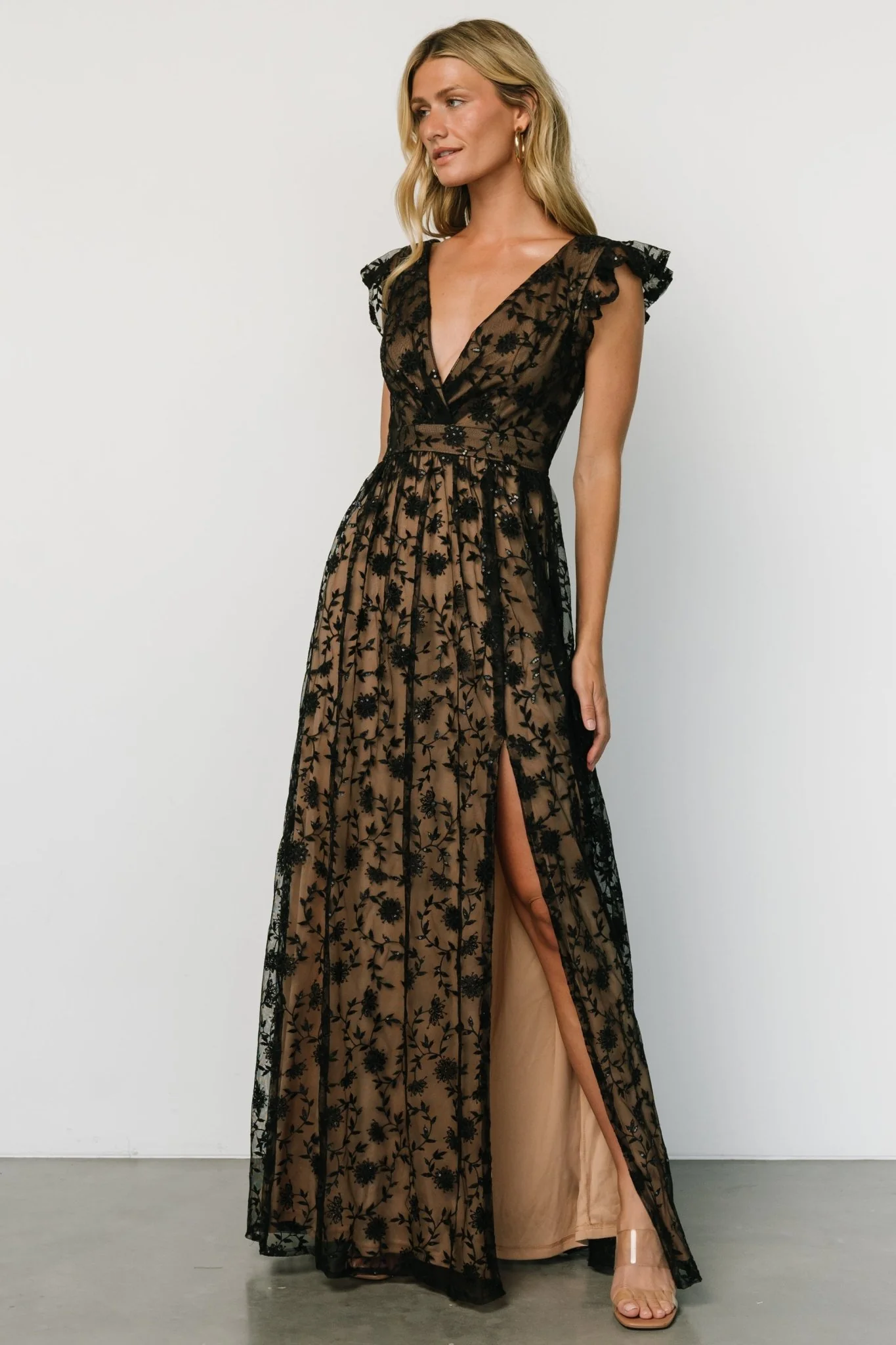 Alexa Embroidered Sequin Maxi Dress | Black + Nude