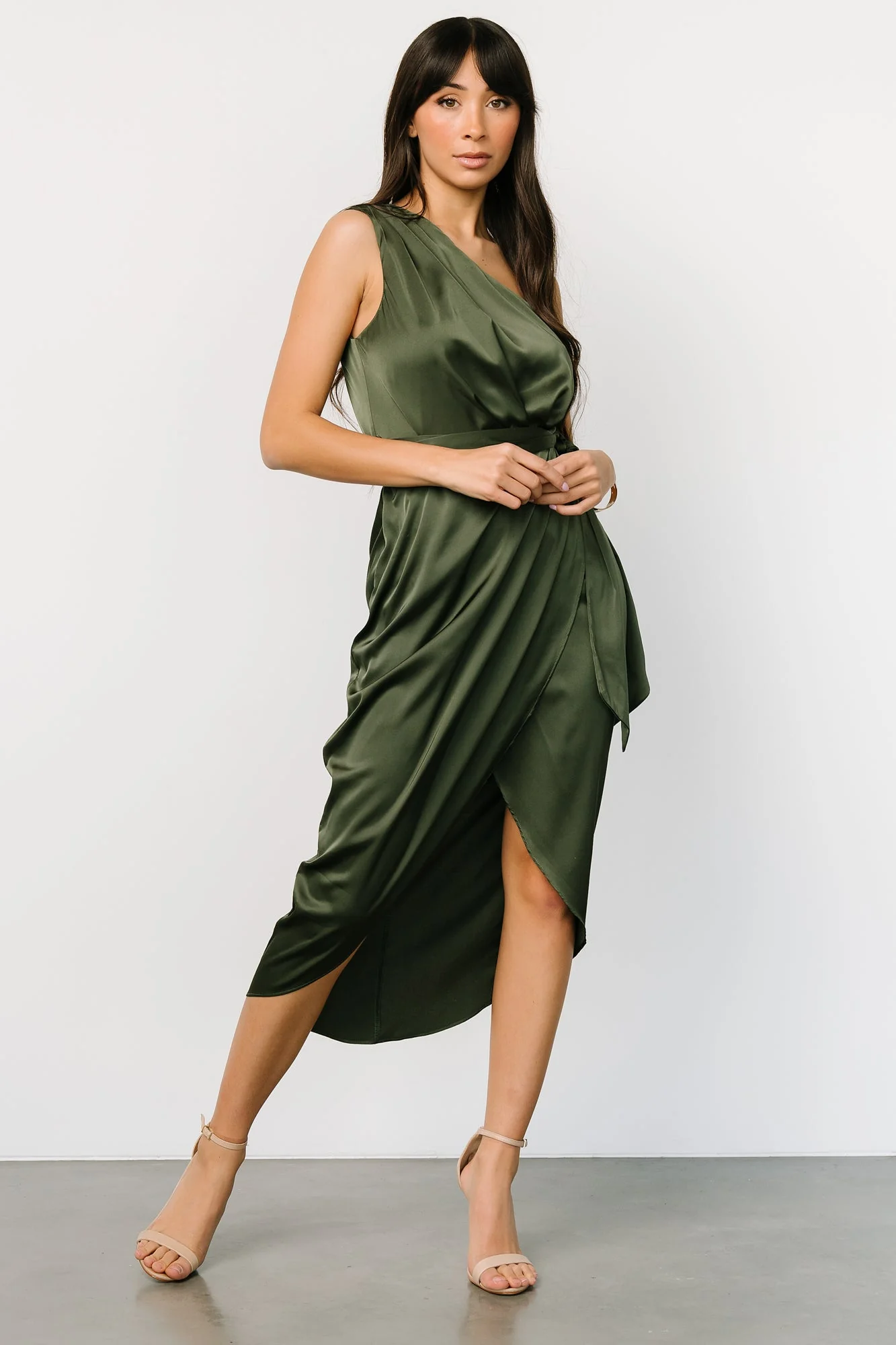 Celia One Shoulder Midi Dress | Olive