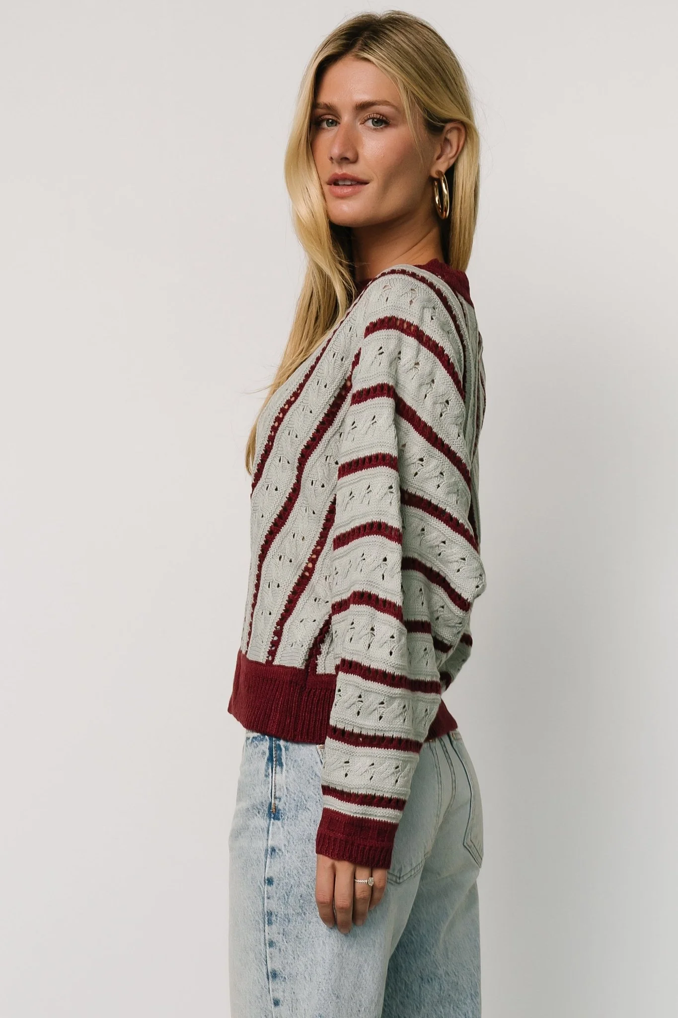 Paola Pointelle Sweater | Light Blue + Burgundy
