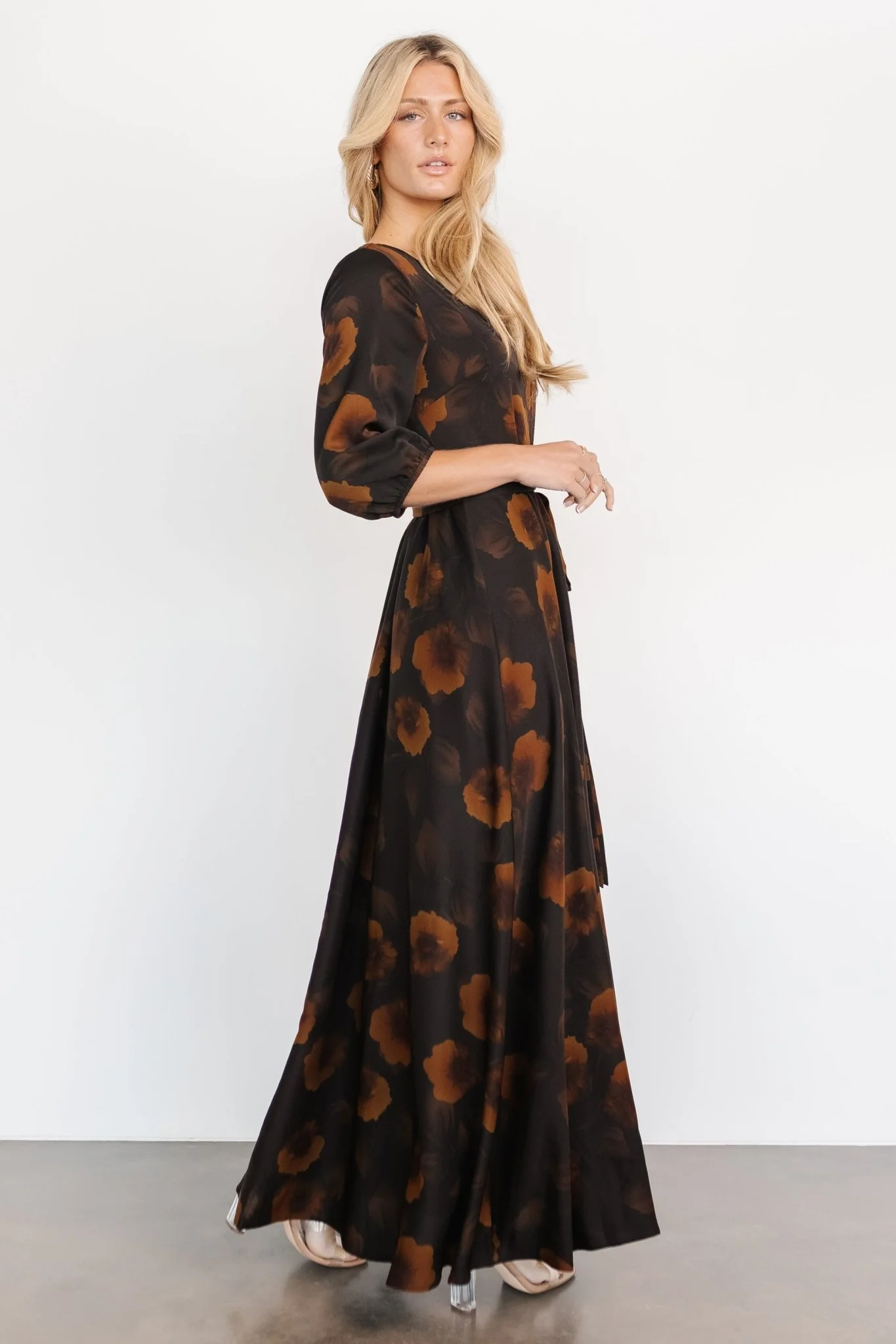 Paula Satin Maxi Dress | Deep Brown Floral