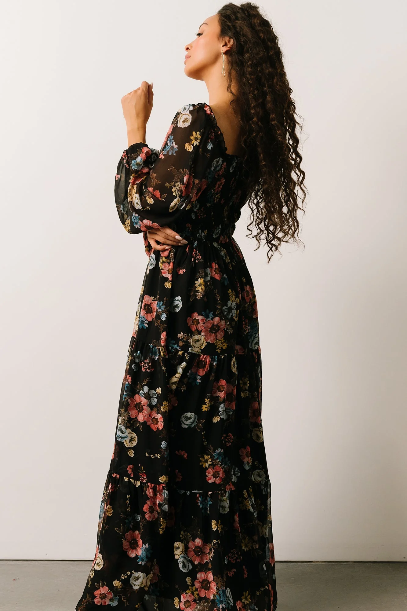 Isabela Smocked Maxi Dress | Black Multi Floral