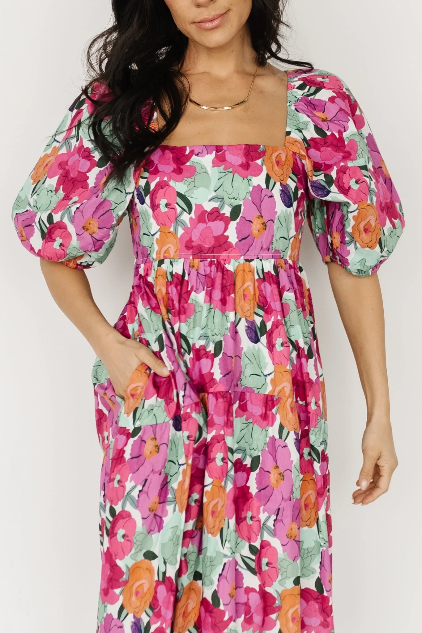 Aimee Puff Sleeve Midi Dress | Pink Multi
