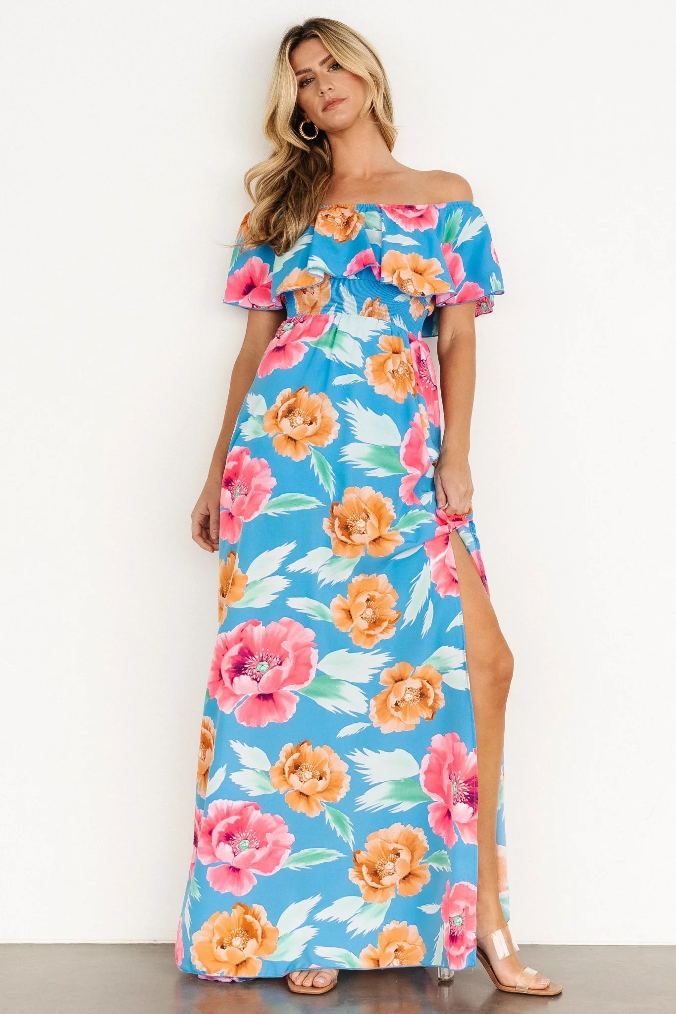 Talia Off Shoulder Maxi Dress | Sea Blue Floral