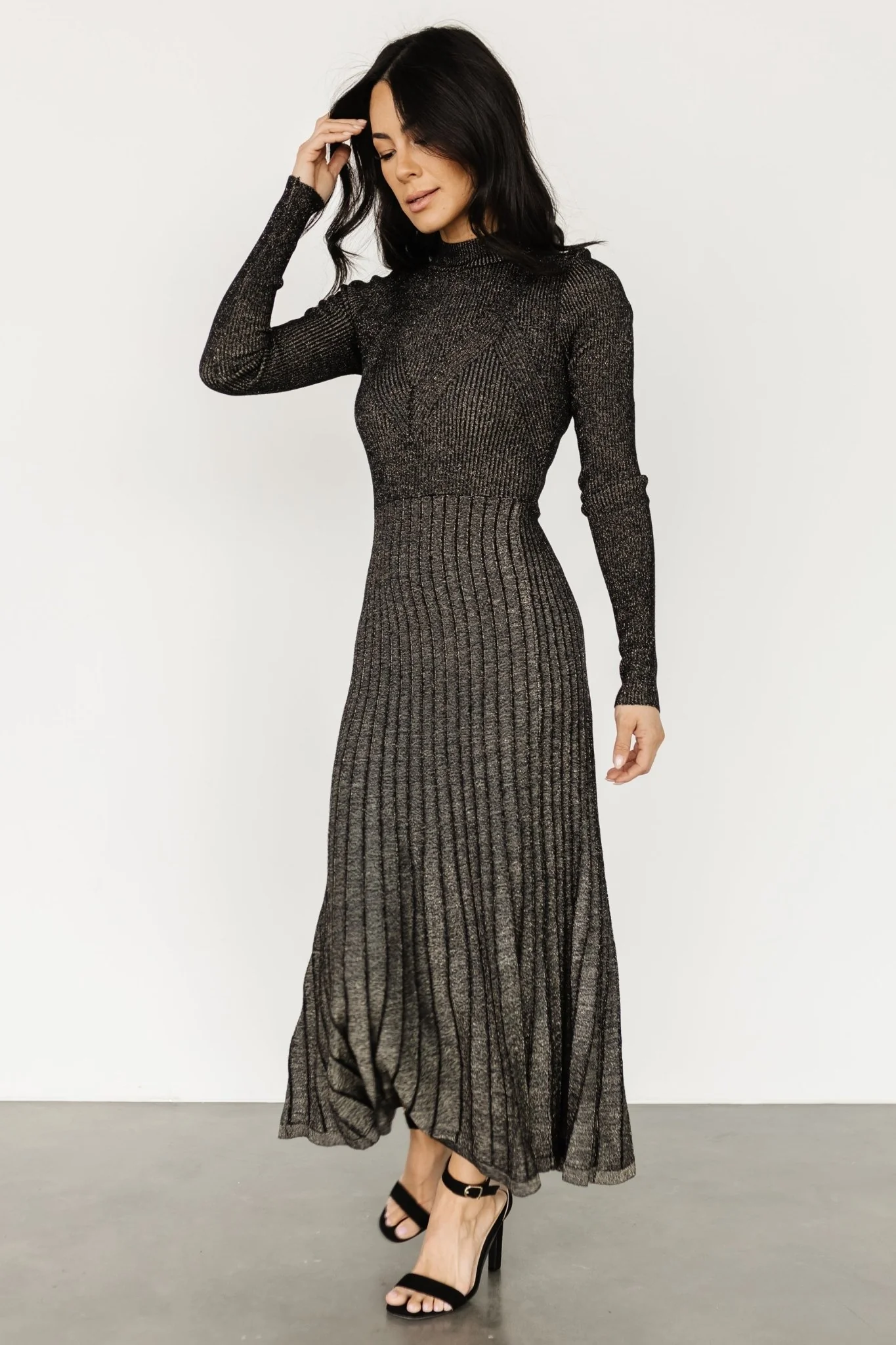 Jamelia Pleated Sweater Dress | Black + Gold